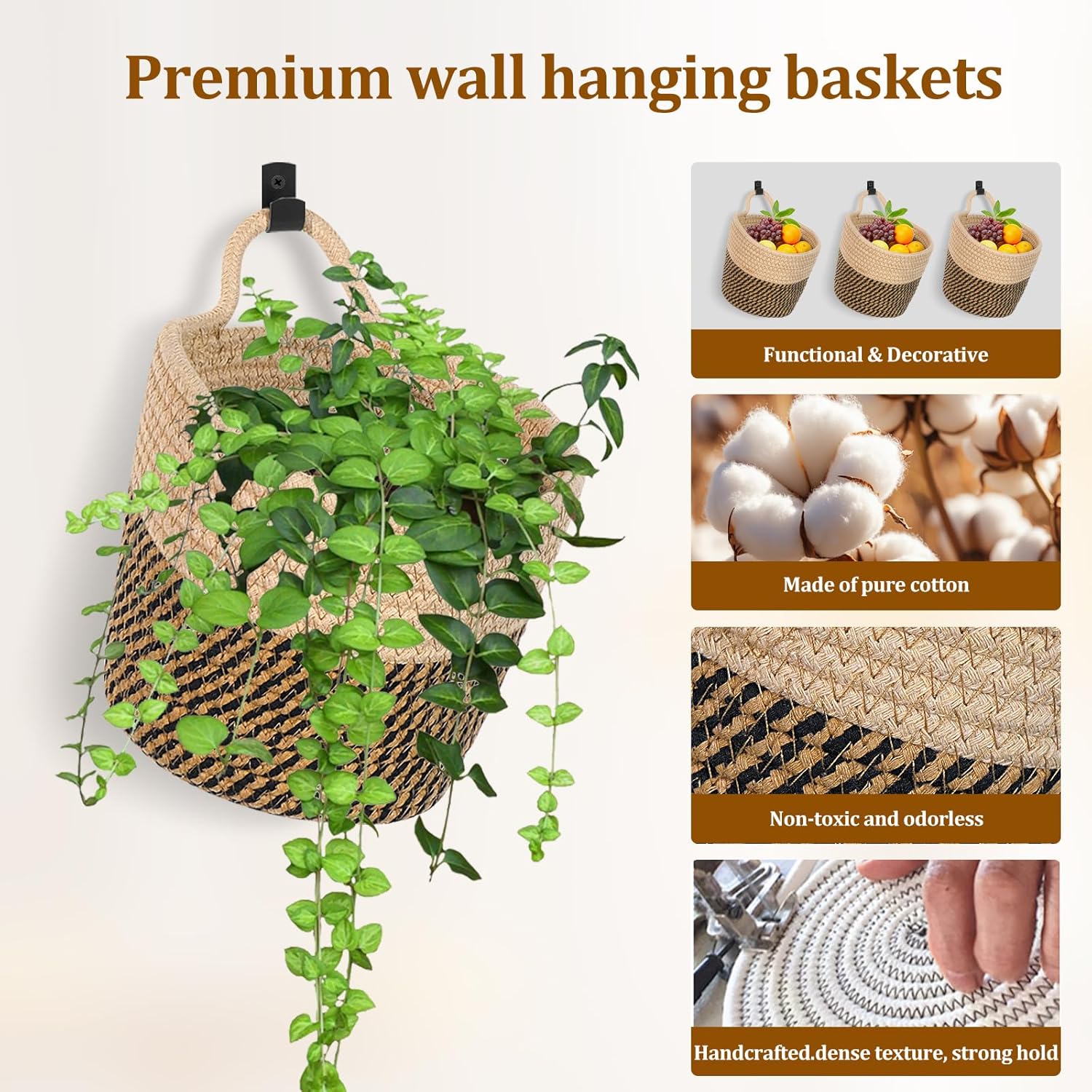 Fabric Wall Hanging Baskets 3 Pack - Woven Storage Organizers with Adhesive Hooks, Boho Style Wall Mounted Pouches for Home Kitchen Door (Large, Khaki & Dark brown) - Image 3