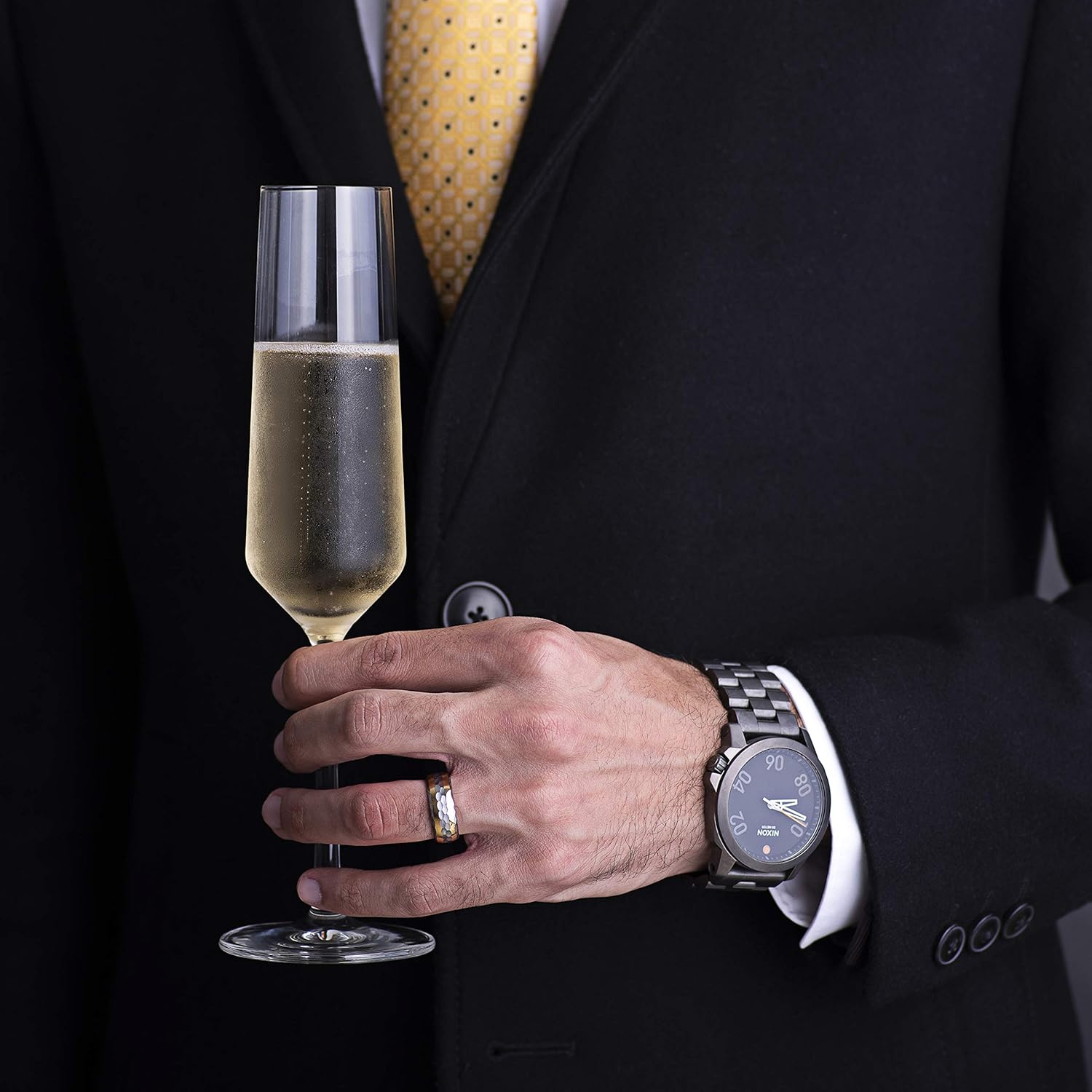 100S JEWELRY Engraved Personalized Tungsten Ring Men's Wedding Band Two Tone Gold Silver Hammer Finish Facet Cut Edge Size 6-16 - Image 3