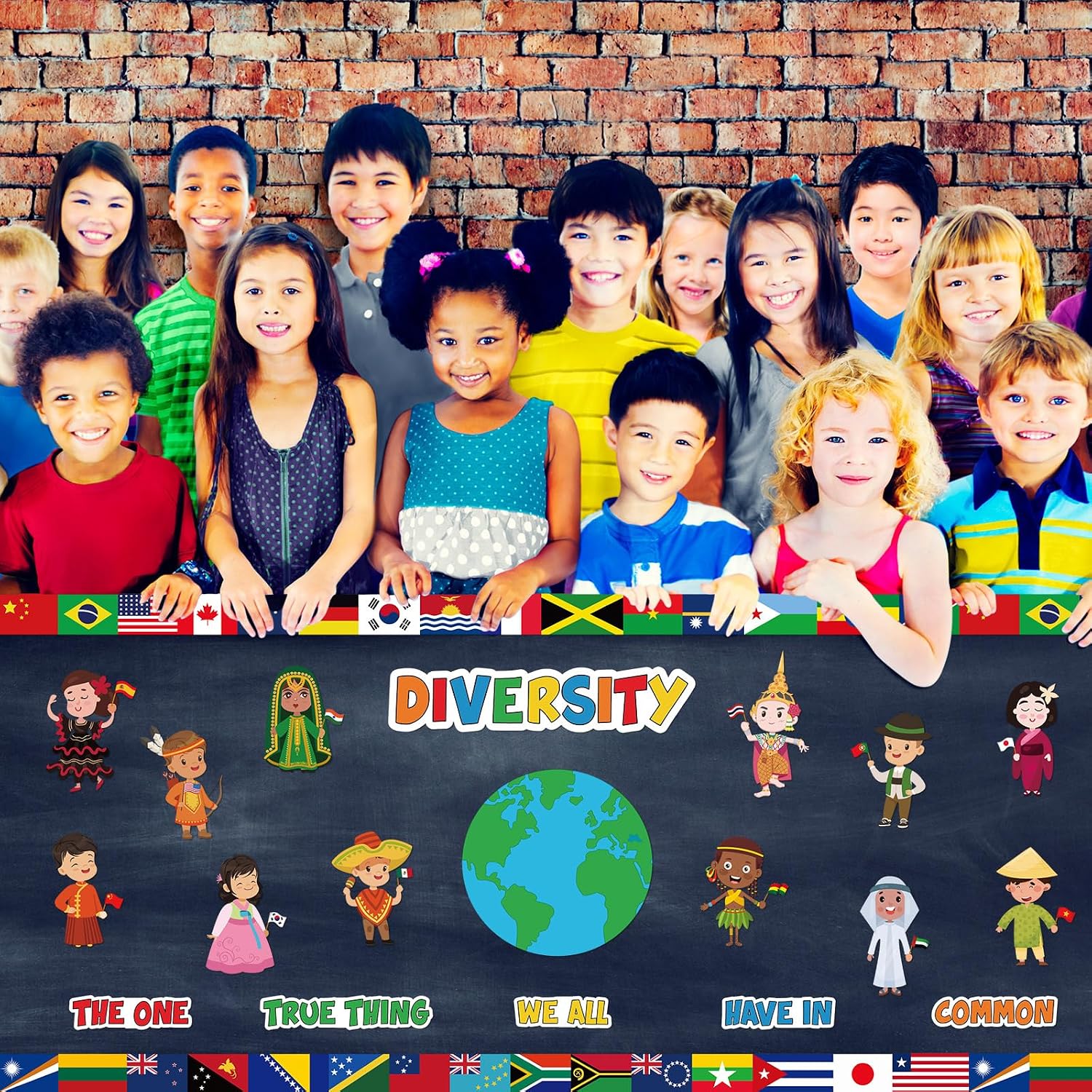 98 Pcs Diversity Bulletin Board Set Diverse Students Borders Cutouts with National Flag Border Trim Multicultural Classroom Decorations for Welcome Back to School Kids Teacher Classroom Party