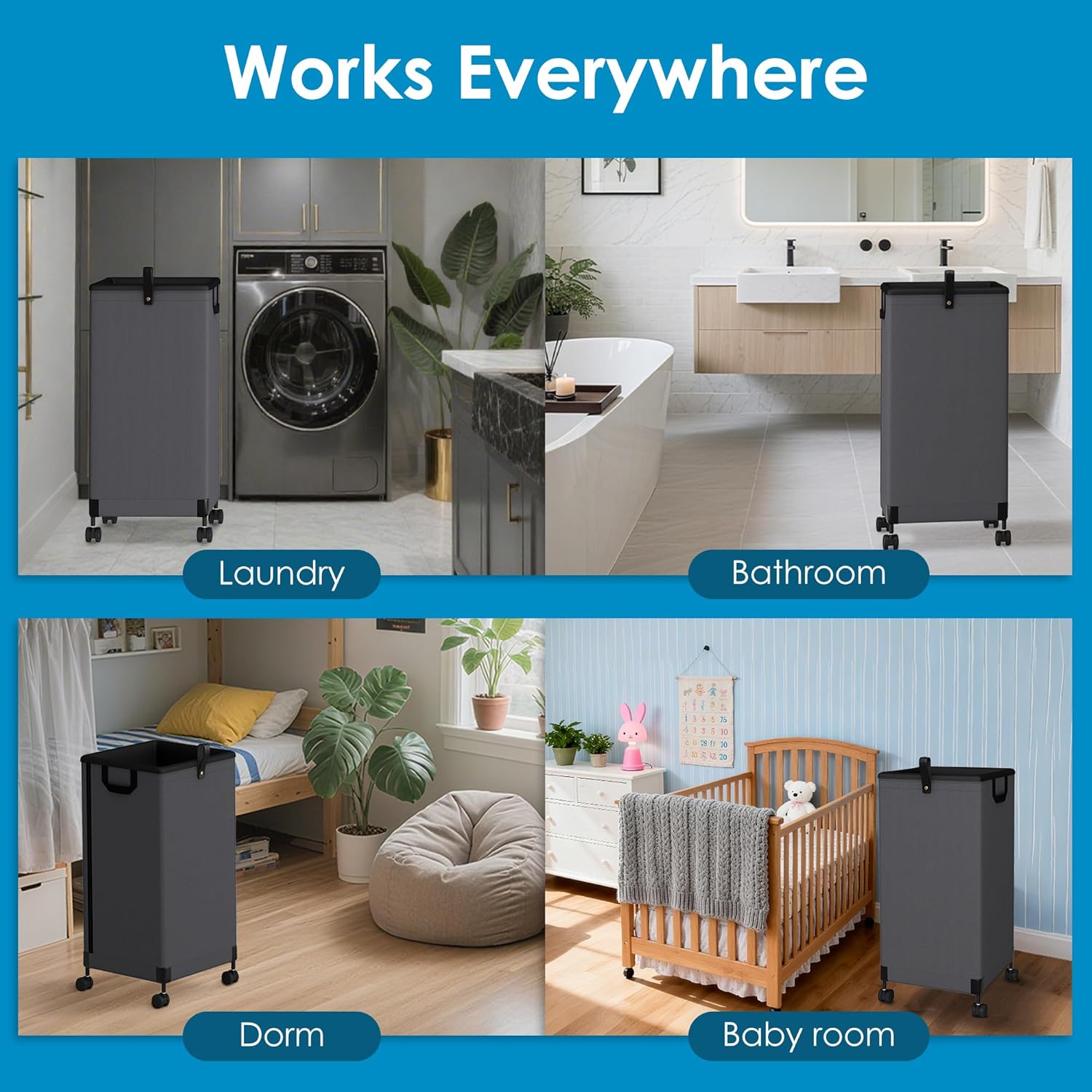2Pcs Laundry Basket With Wheels 105L, Large Rolling Laundry Hamper With Removable Bag, Metal Frame Collapsible Dirty Clothes Bin, Cloth Organizer Hampers Pull Handle For Bathroom, Dorm, Bedroom Grey