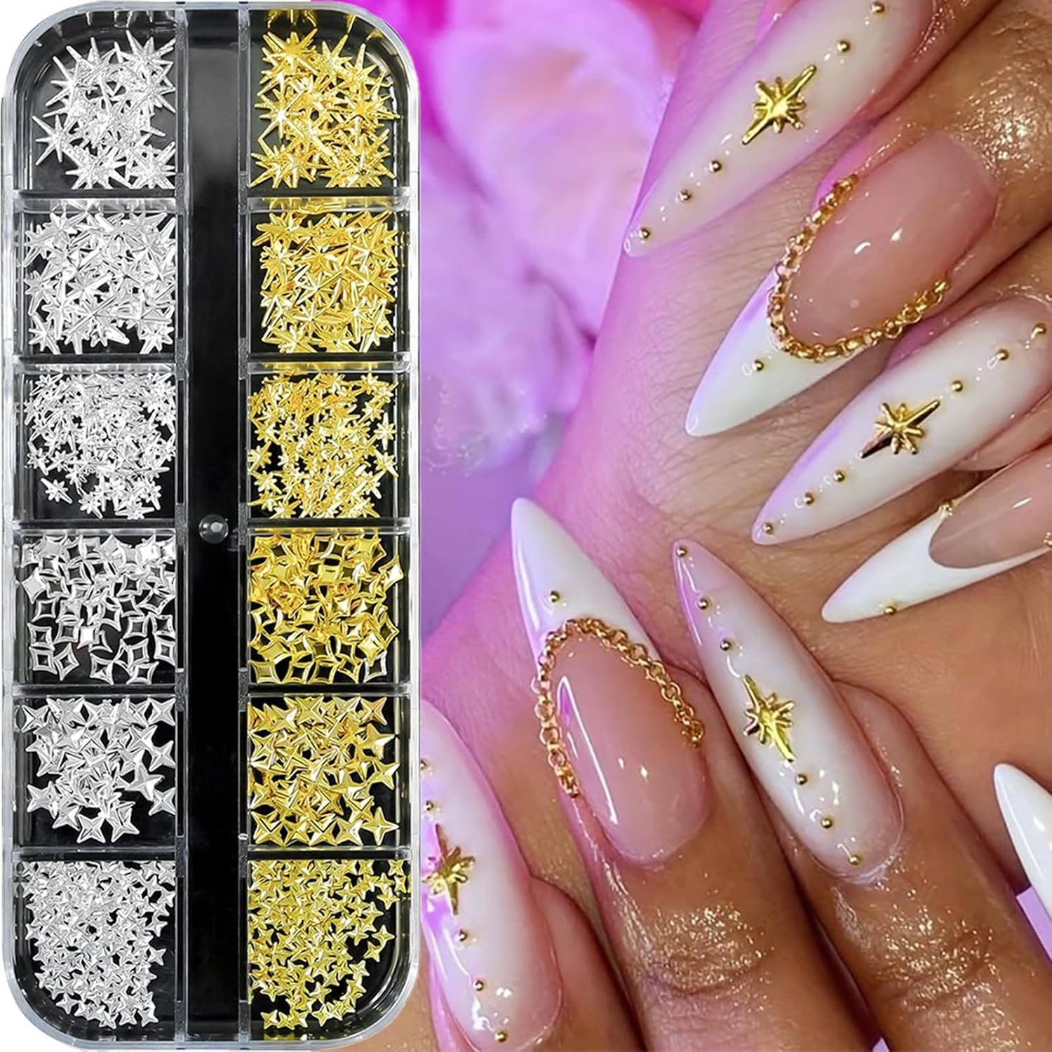 2 Boxes 3D Nail Charms, Gold and Silver Star-Shaped & Nail Beads Charms for Nails Design Metal Nail Rhinestones Gems Jewelry Studs for Manicure Decoration with Pickup Pen, Tweezers