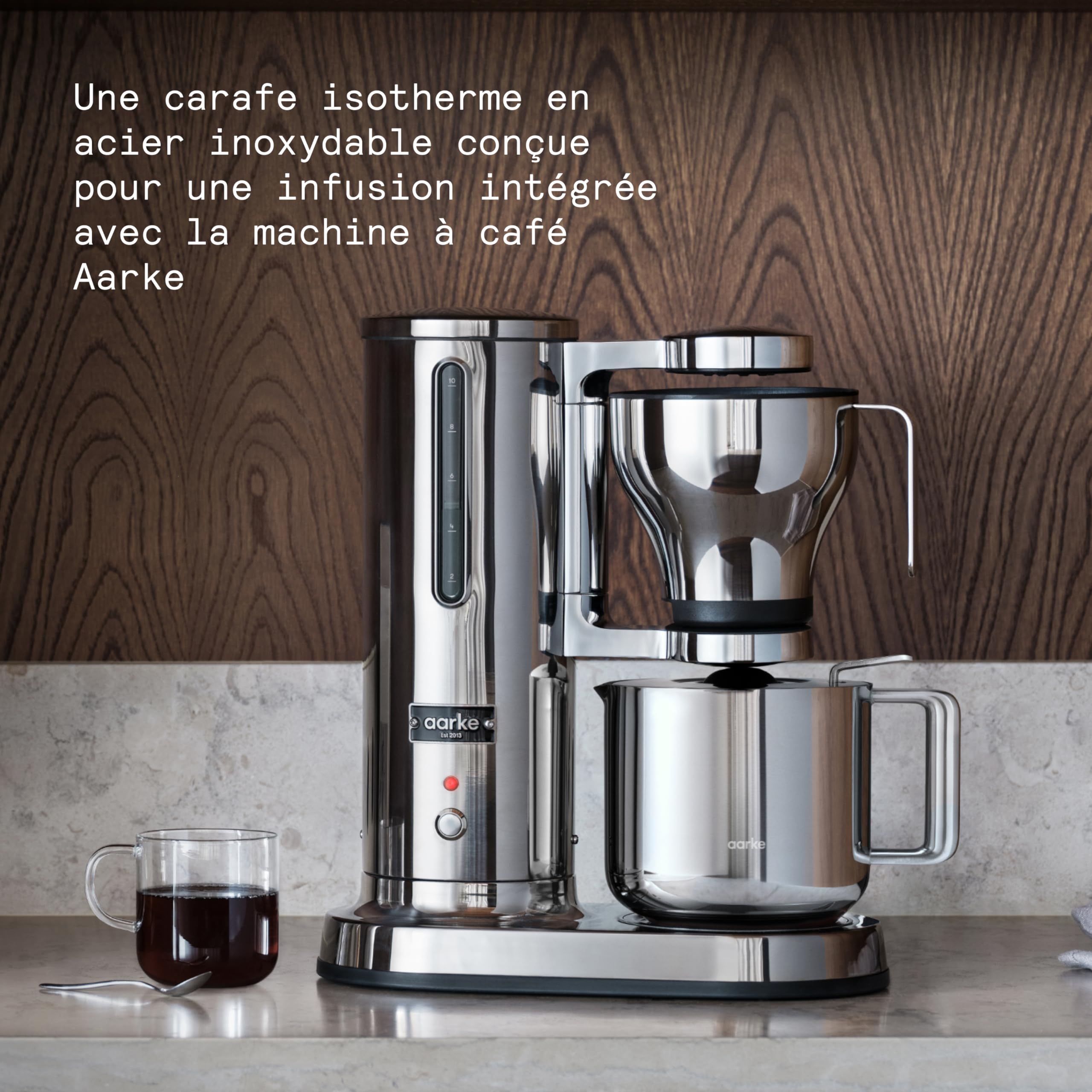Aarke Carafe Isotherme – Carafe inox à double paroi avec isolation sous vide, valve d'infusion et fermeture automatique – Compatible avec la cafetière