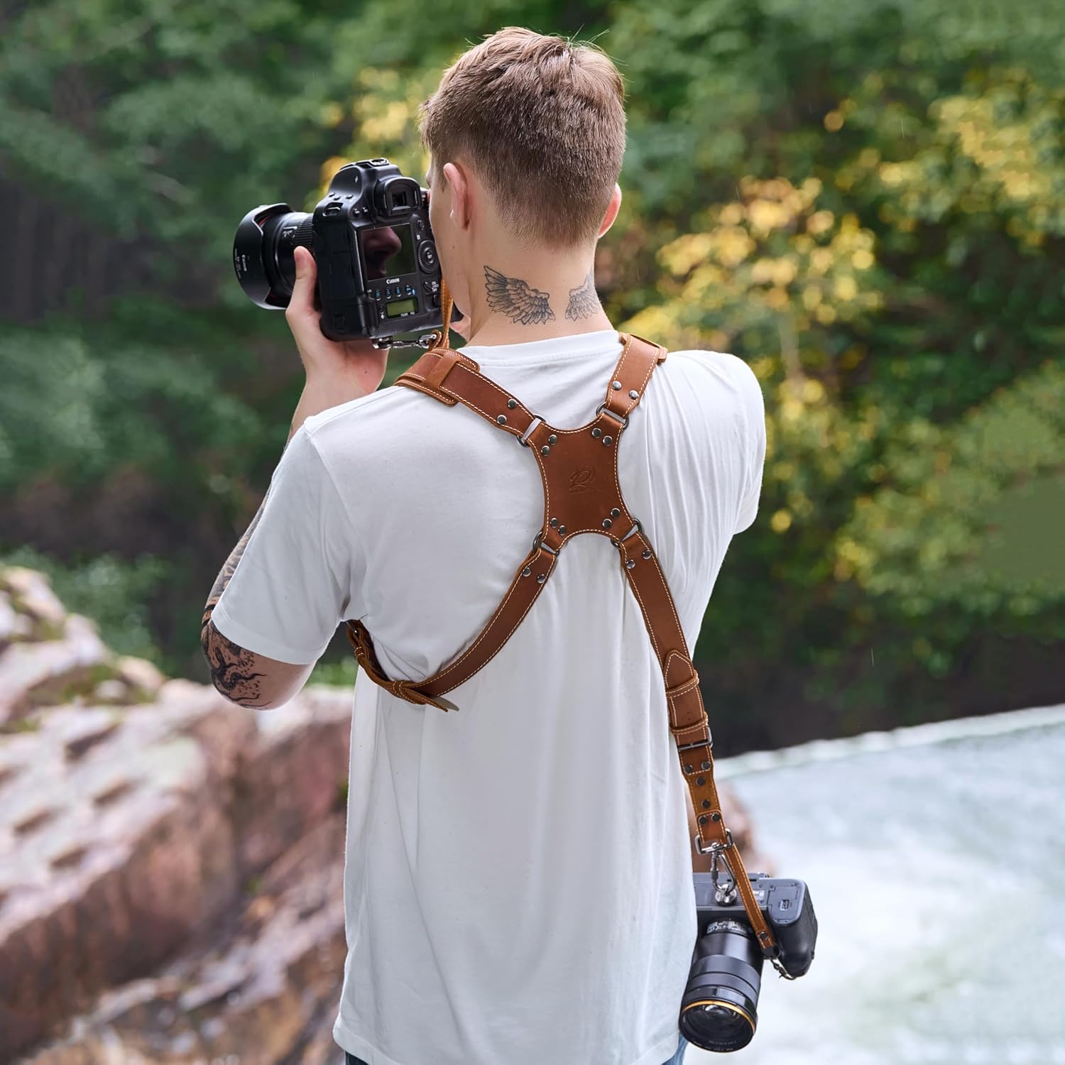 Padwa Lifestyle Tan Dual Camera Harness Strap with Padded for Two Cameras - Dual Shoulder Full Grain Leather Harness,Multi Camera Gear for DSLR/SLR Strap,Double Camera Harness for Photographers