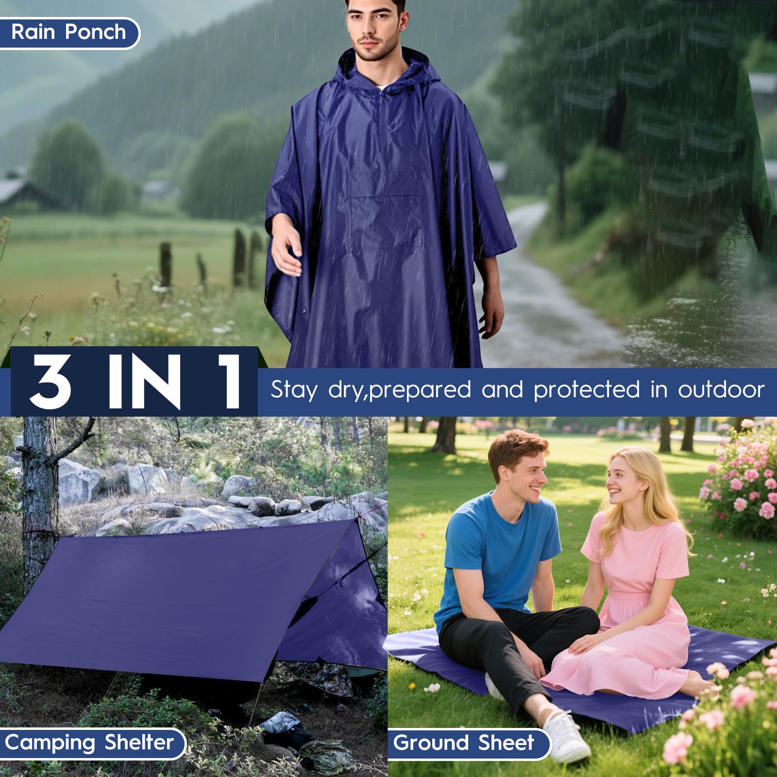 Bruvoalon 3-in-1-Regenponcho mit 1/4-Reißverschluss & Brusttasche, wasserdicht, Sonnenschutz, Bodenmatte für Erwachsene & Jugendliche, Notfall