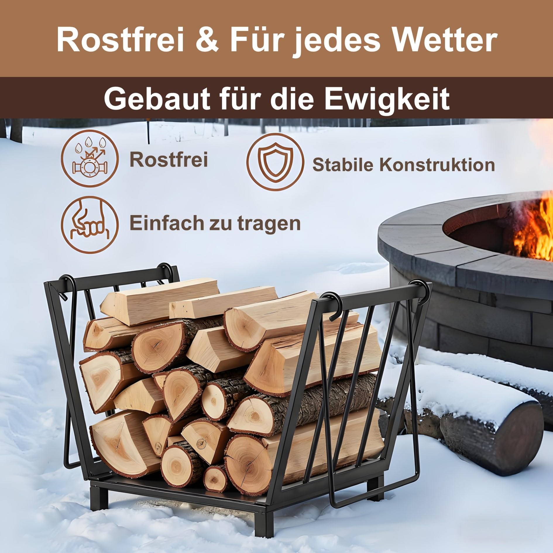 Amagabeli Firewood Racks Fireplace Log Holder 14,2 x 12,6 x 12,4 Zoll Holz Aufbewahrung Log Carrier mit Griffen aus Stahl, für drinnen und draußen, Feuerstelle, dekorativ, Zubehör