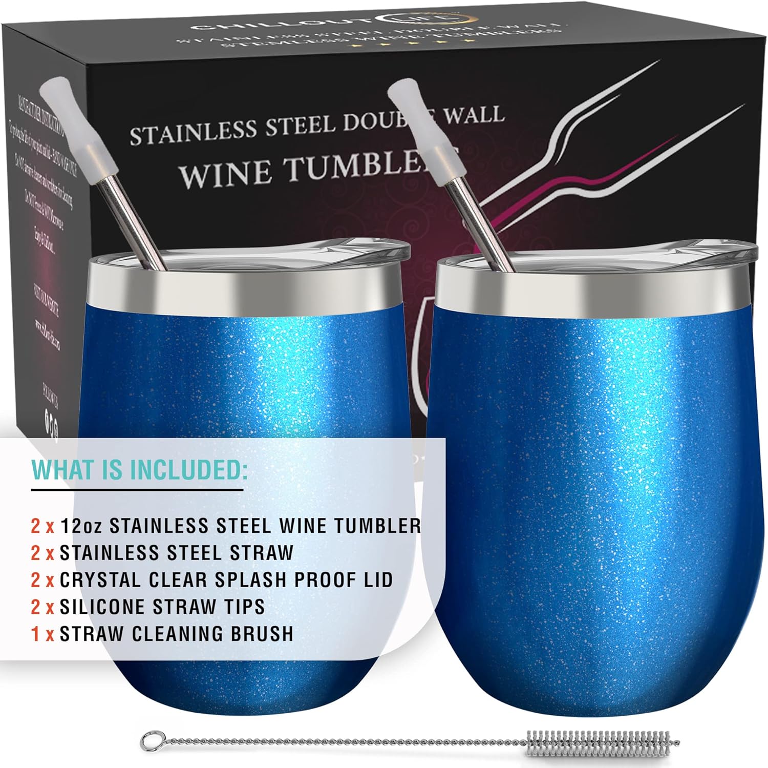CHILLOUT LIFE 12 oz Stainless Steel Wine Tumblers 2 Pack - Double Wall Vacuum Insulated Wine Glasses Cups with Lids and Straws Set Keeping Cold & Hot for Coffee, Beer, Ice Cream - Blue Sparkle - Image 5