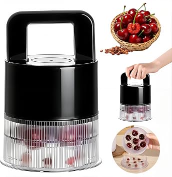 Cherry Pitter Tool, 7-in-1 Cherry Corer with 1.5" Extra Large Slots for Jumbo Cherries, Anti-Splash Transparent Container, Dishwasher Safe, Ergonomic Design, Also Works as Olive Pitter