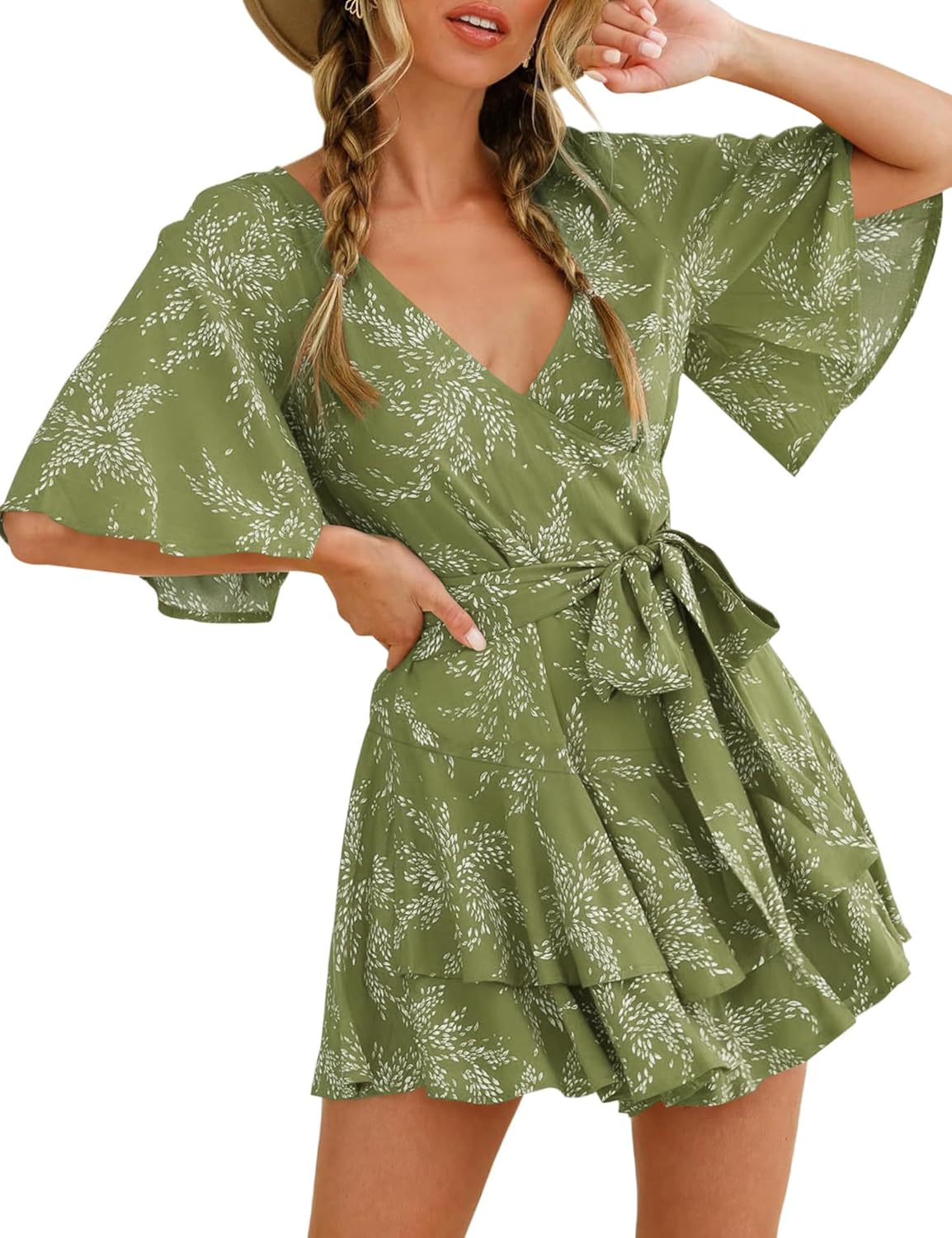 Bonkwa Women's Casual Rompers Floral Print Mid Sleeves Waist Tie Romper Ruffle Hem Deep V-Neck Short Jumpsuits for Summer - Image 5