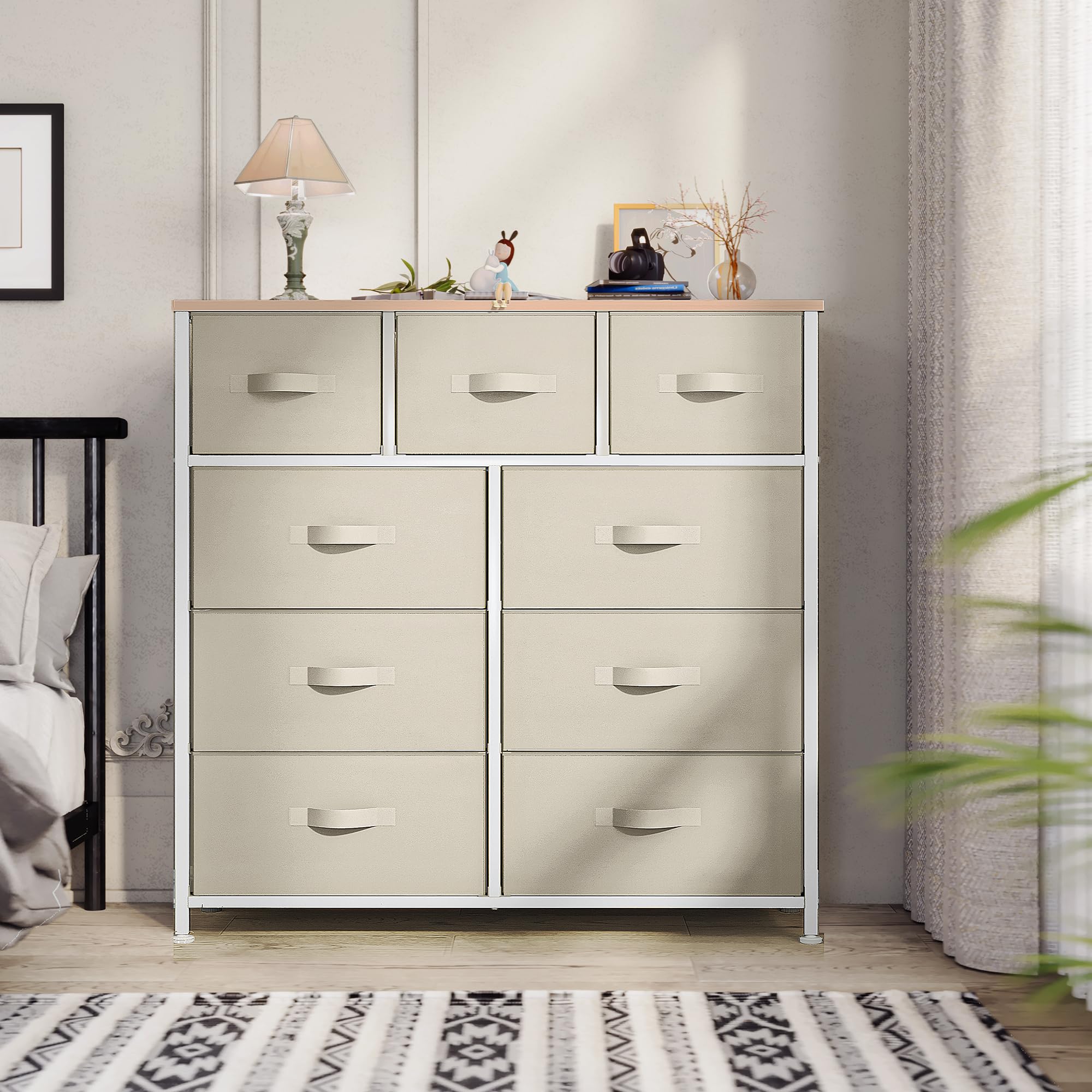 YITAHOME Kommode, 9 Stoffschubladen mit Griffen, Aufbewahrungsschrank, Schubladenschrank, Schrank, Metallgestell, stoffkommode für Schlafzimmer, für Wohnzimmer, Flur, Büro, cremeweiß