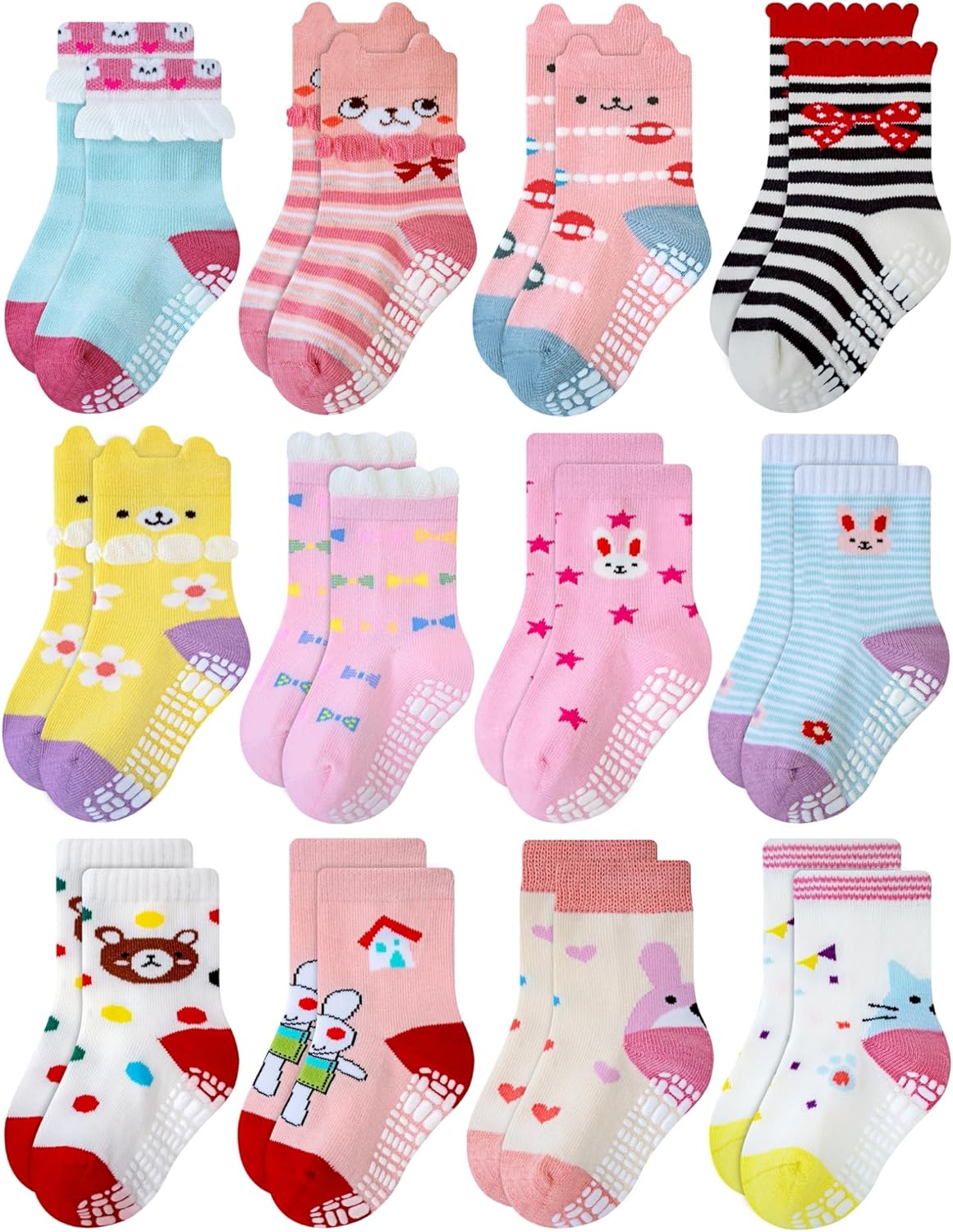 RATIVE Non Skid Anti Slip Cotton Dress Crew Socks With Grips For Baby Infant Toddler Kids Girls