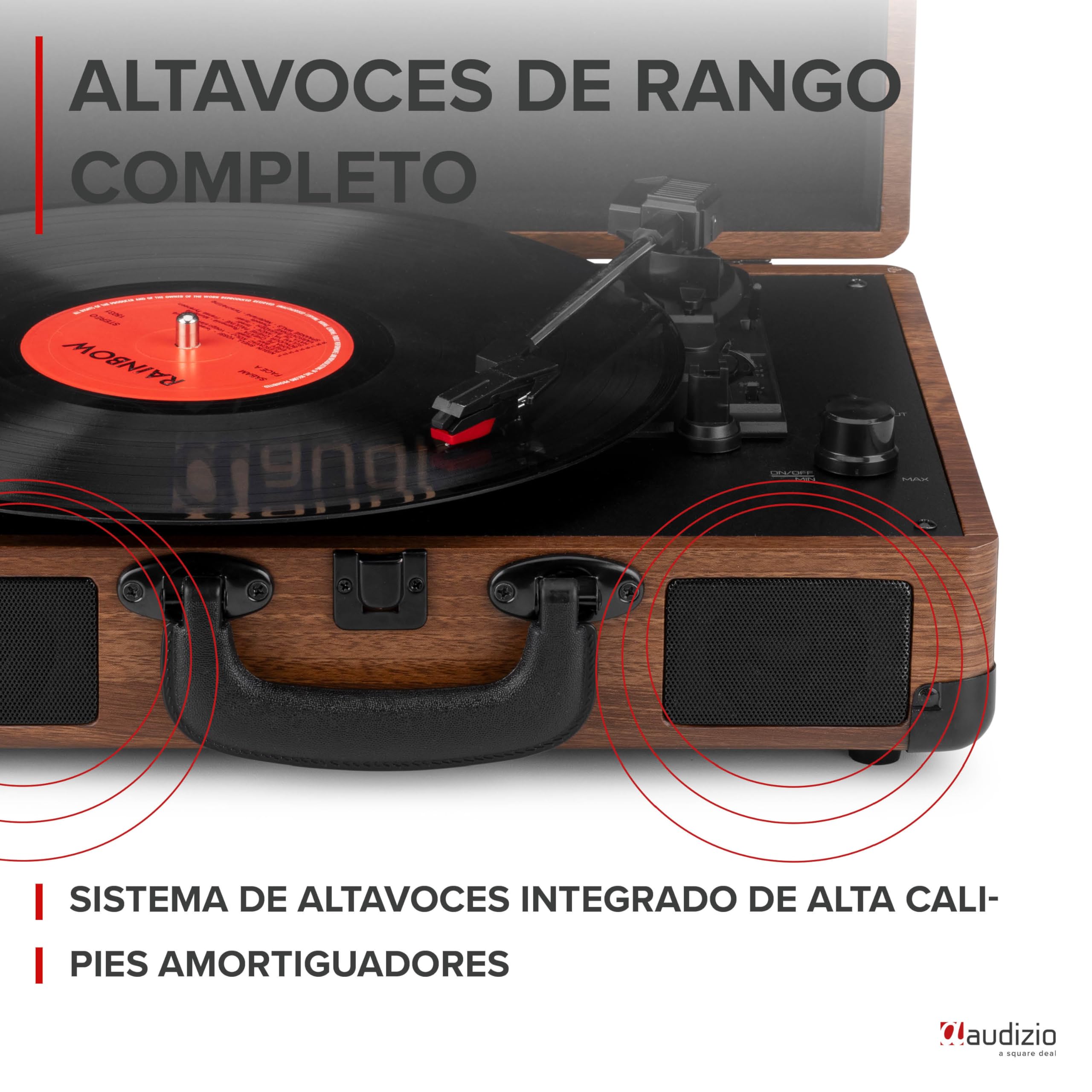 Audizio RP116W Tocadiscos de Vinilo Estilo Maletín con Bluetooth In/out, Altavoces Integrados, Codificación MP3 por USB y 3 Velocidades – Diseño Retro Compacto en Color Madera con Sonido Estéreo