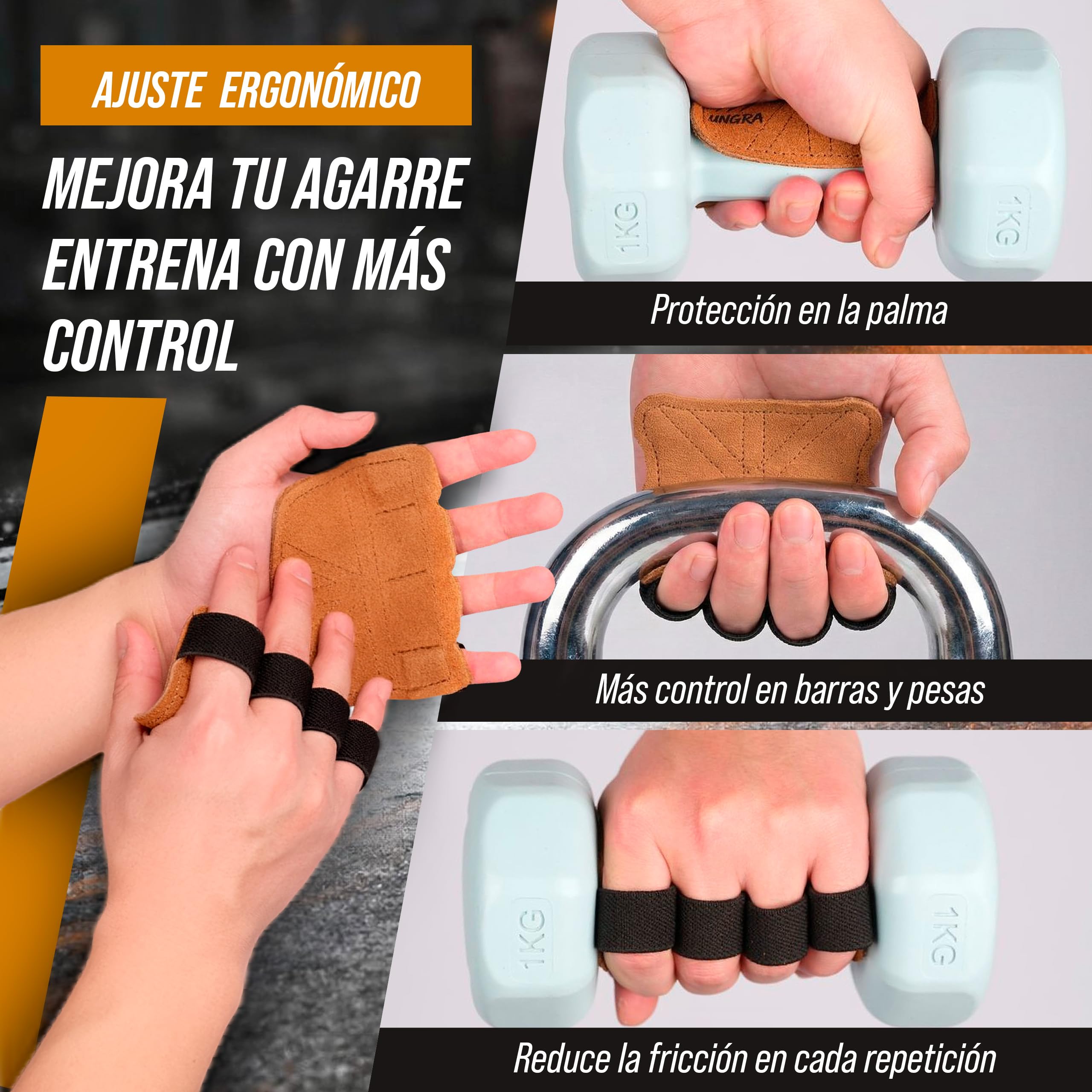 Kit Muñequeras Gym y Calleras de Cuero con Estuche Impermeable UNGRA – Wrist Wraps y Grips Antideslizantes para Crossfit, Calistenia y Pesas, Protector de Manos y Muñecas Unisex Talla Única — view 3