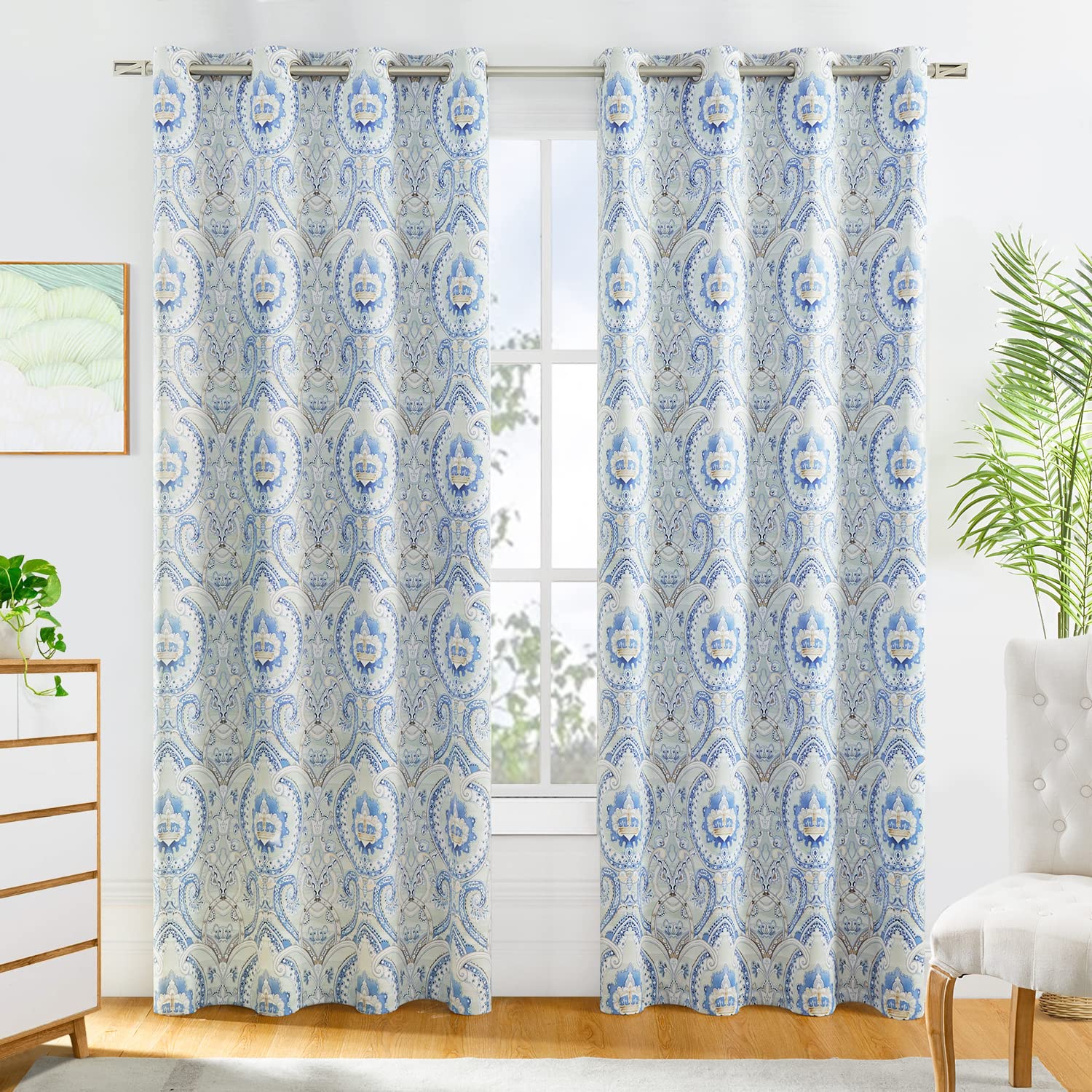 FMFUNCTEX Blue Damask Blackout Curtains for Bedroom 84inch Length Vintage Curtain Panels for Living Room Energy Efficient Classic Luxury Floral Window Curtain Drapes for Guest Room Hotel Grommet Top