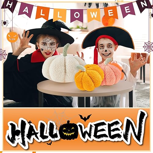 Miniatura 5 de Calabaza de peluche de Halloween con forma 3D decorativa de Acción de Gracias, suave y linda, 11 pulgadas, 7 pulgadas (naranja clásico, blanco,