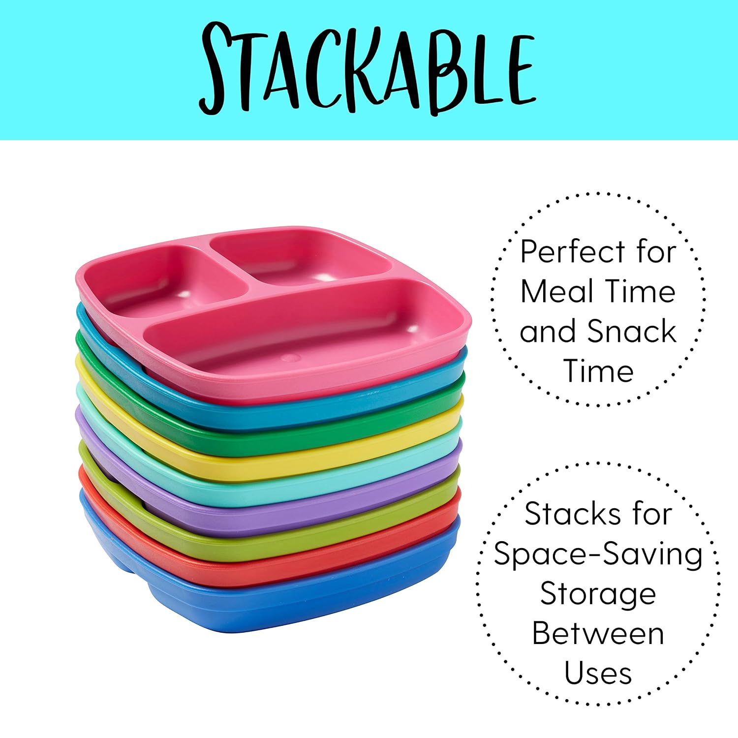 ECR4Kids My First Meal Pal Divided Plates, Kids Plastic Tableware, Stackable and Dishwasher Safe, Stackable Dinner Plates for Baby, Toddler and Child Feeding, 3-Pack - Citrus