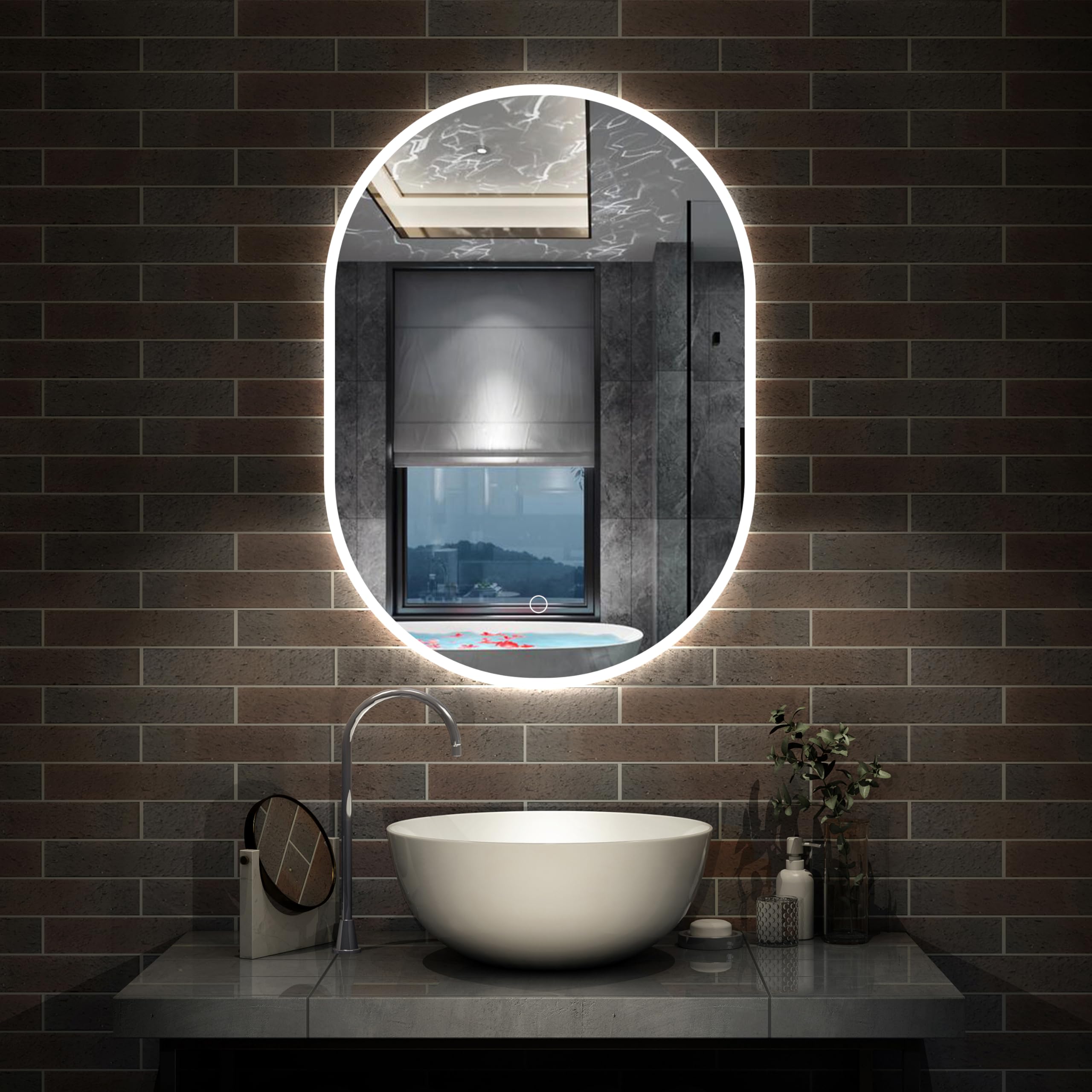 50x70cm Oval LED Bathroom Mirror with Light, Illuminated Wall Mounted Vanity Mirror, Anti-fog, 3 Colors Dimmable Light, Memory Function, IP44, Demister Mirror with Backlit Lights for Bathroom