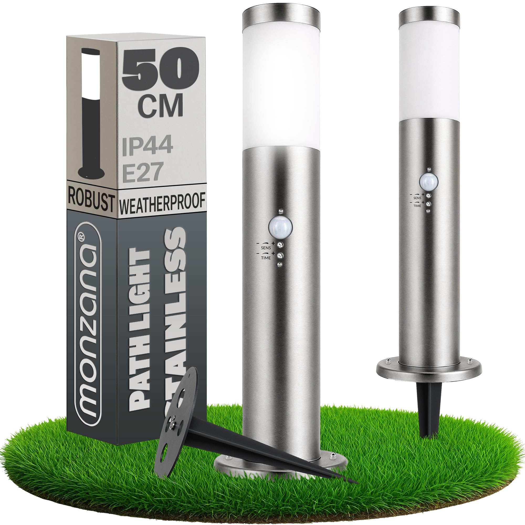 MONZANA® Outdoor Mains Powered Post Light with Motion Sensor 50cm Stainless Garden Bollard Light | Stainless Steel Post Lights Bollard Lights Outdoor Pathway Lamp E27, IP44 Weatherproof, Dahlia