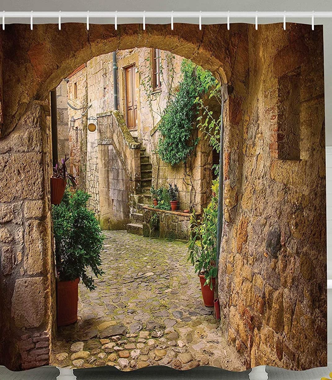 Landscape from another Door Antique Stone Village Tuscany Italian Valley Scenery Decor Shower Curtain Fabric Bathroom Decor with Hooks 72 X 72 Inch