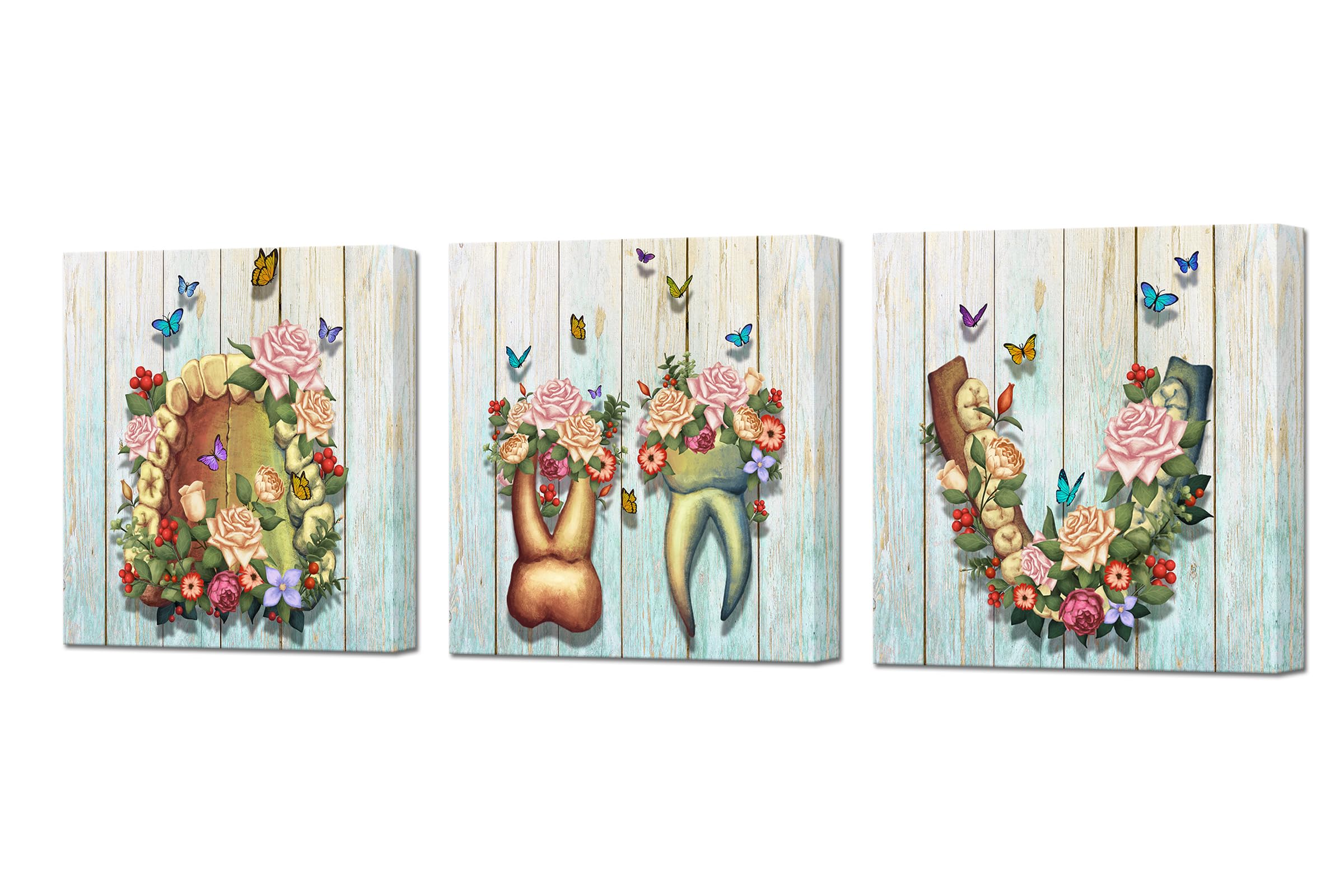 DuoBaorom 3 piezas de arte dental, anatomía, dientes humanos, flores, mariposas, arte de pared para clínica dental, odontología, oficina, decoración médica, estirado, listo para colgar, 30 x 30 cm
