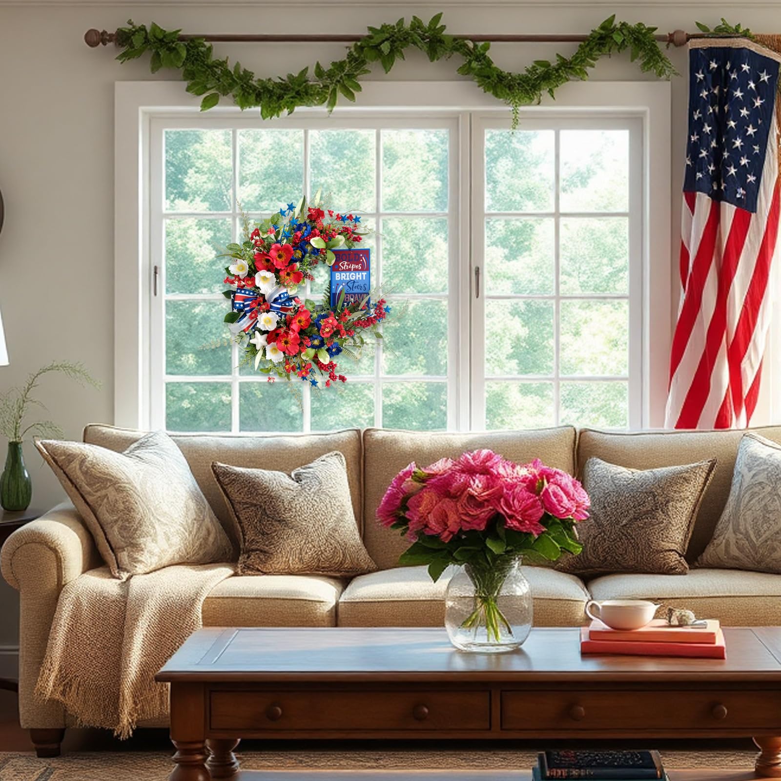 Couronne patriotique fabriquée à la main pour porte d'entrée – Couronne du 4 juillet avec coquelicots en soie, étoiles en métal et nœud superposé, décoration d'intérieur et d'extérieur