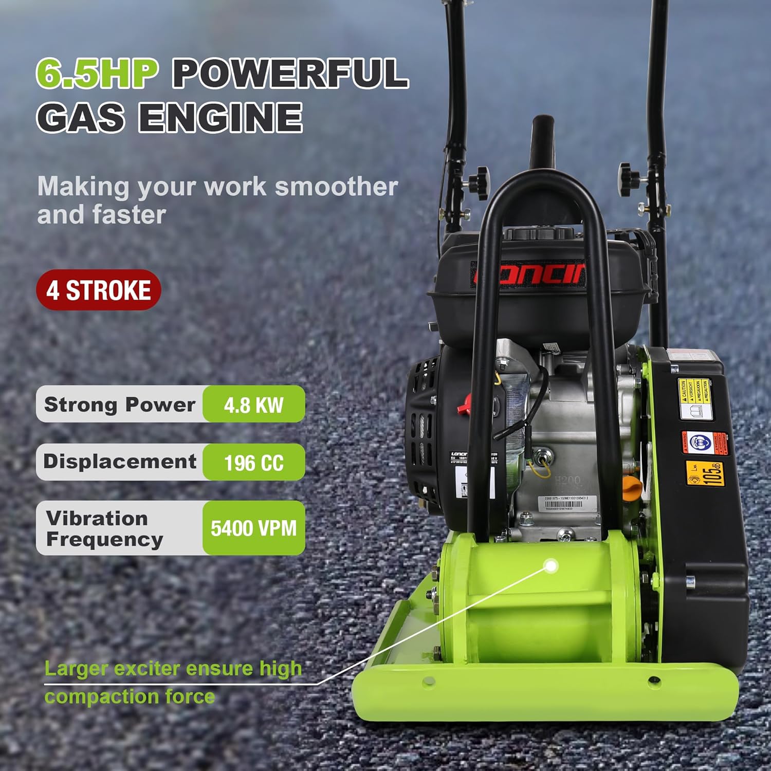 6.5HP Plate Compactor Gas Machine, 196cc Gas Powered Soil Compactor Vibrating 5400VPM, 20" x 15" Plate Tamper Ground Compactors for Walkways Pavers Yard Landscaping, EPA Compliant