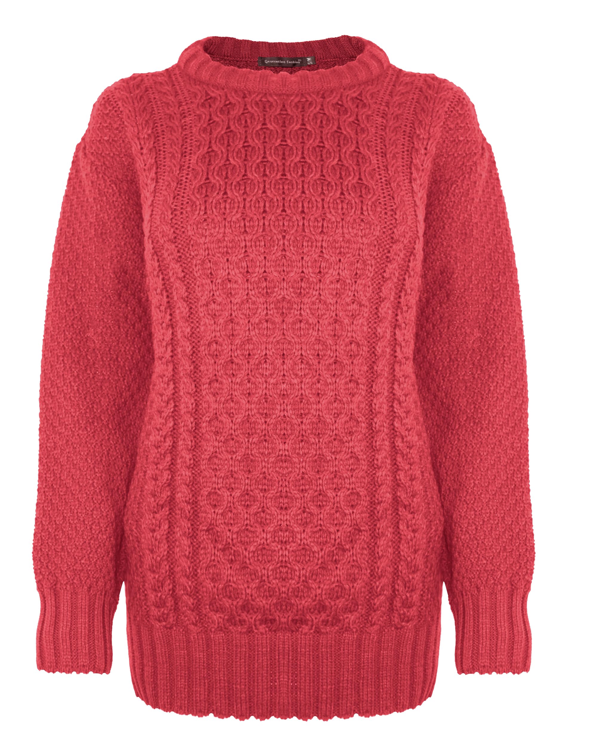 Generation Fashion (Pom-Red, M-L) New Ladies Women Knitted Cable Knit Jumper Sweater Pullover Top
