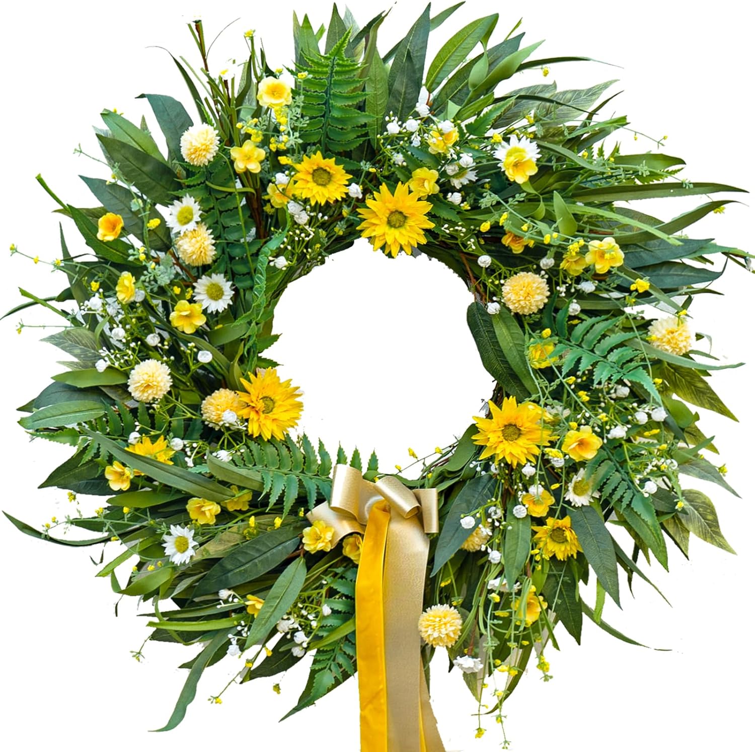 Spring Wreaths for Front Door 24 inch Spring Wreath with Vibrant Daisy and Bow,Green Summer Wreath for Outdoor All Season and Summer Wreaths for Front Door