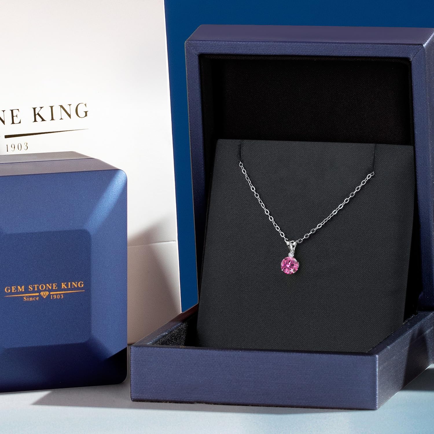Gem Stone King 14K White Gold Pink Moissanite and White Created Sapphire Pendant Necklace for Women | 0.82 Cttw | Gemstone Birthstone | Round 6MM | With 18 Inch Silver Chain - Image 5