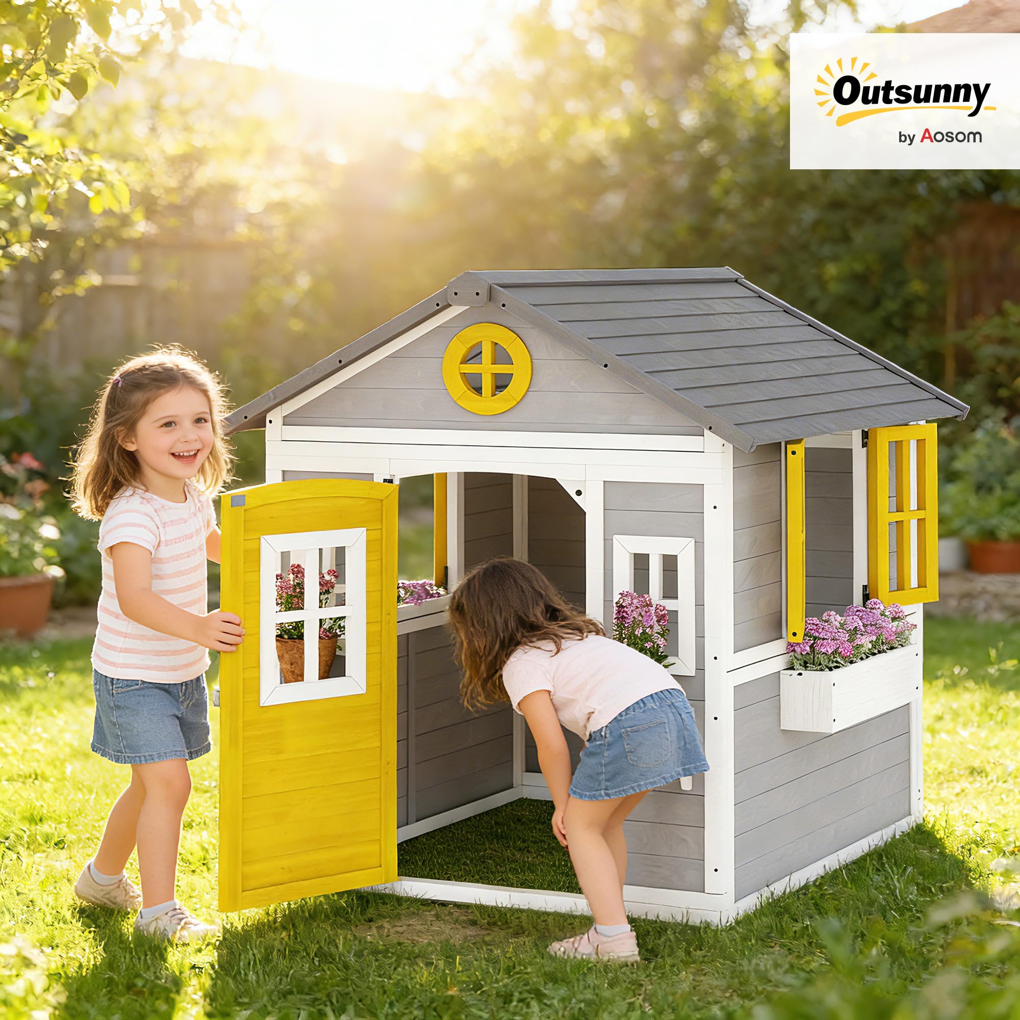 Outsunny Casetta in Legno per Bambini 3-8 Anni, Casetta da Giardino per Bambini con Finestre, Tetto Inclinato, Vasi e Fioriere, Grigio, Giallo, Bianco
