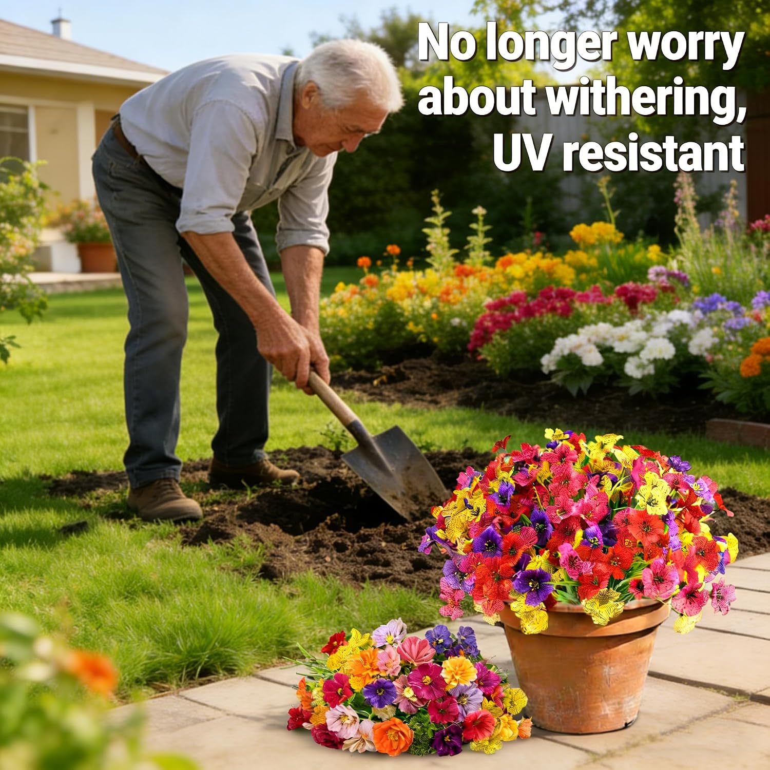 16 Bundles Summer Artificial Flowers Bundies Bulk UV Fake Flowers for Garden Pots Yard Outdoor Porch Home Decor, Colorful Faux Wildflowers Plastic Plant for Outside