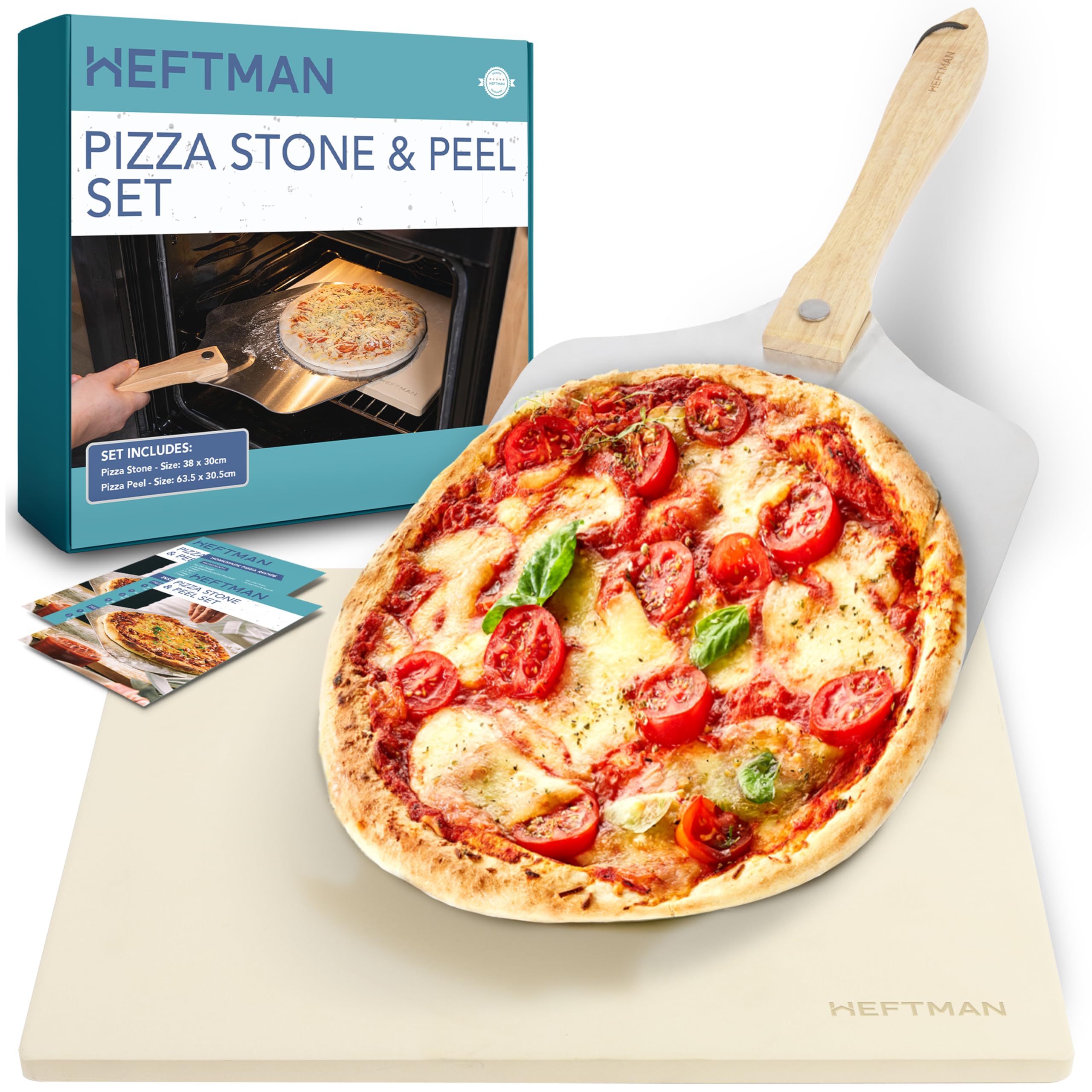 Set Accessoires Pizza Culinario - Pelle, Pierre à Pizza 33cm Et Couteau - Céramique Beige - Pour Four Maison