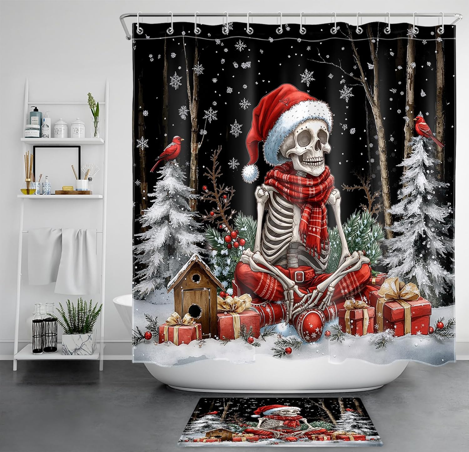 HVEST Funny Christmas Skull Skeleton Shower Curtain Set Winter Snowy Forest Red Bird Snowflake Bathroom Sets with Shower Curtain and Rugs Gothic Spooky Unique Bathroom Decor, 72Lx72W Inches