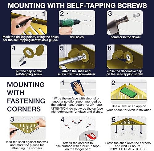 Miniatura 7 de Estante esquinero para ducha interior, adhesivo, palo, taladro, sin taladro, estantes flotantes de esquina dorada de 14 pulgadas para baño, pared de