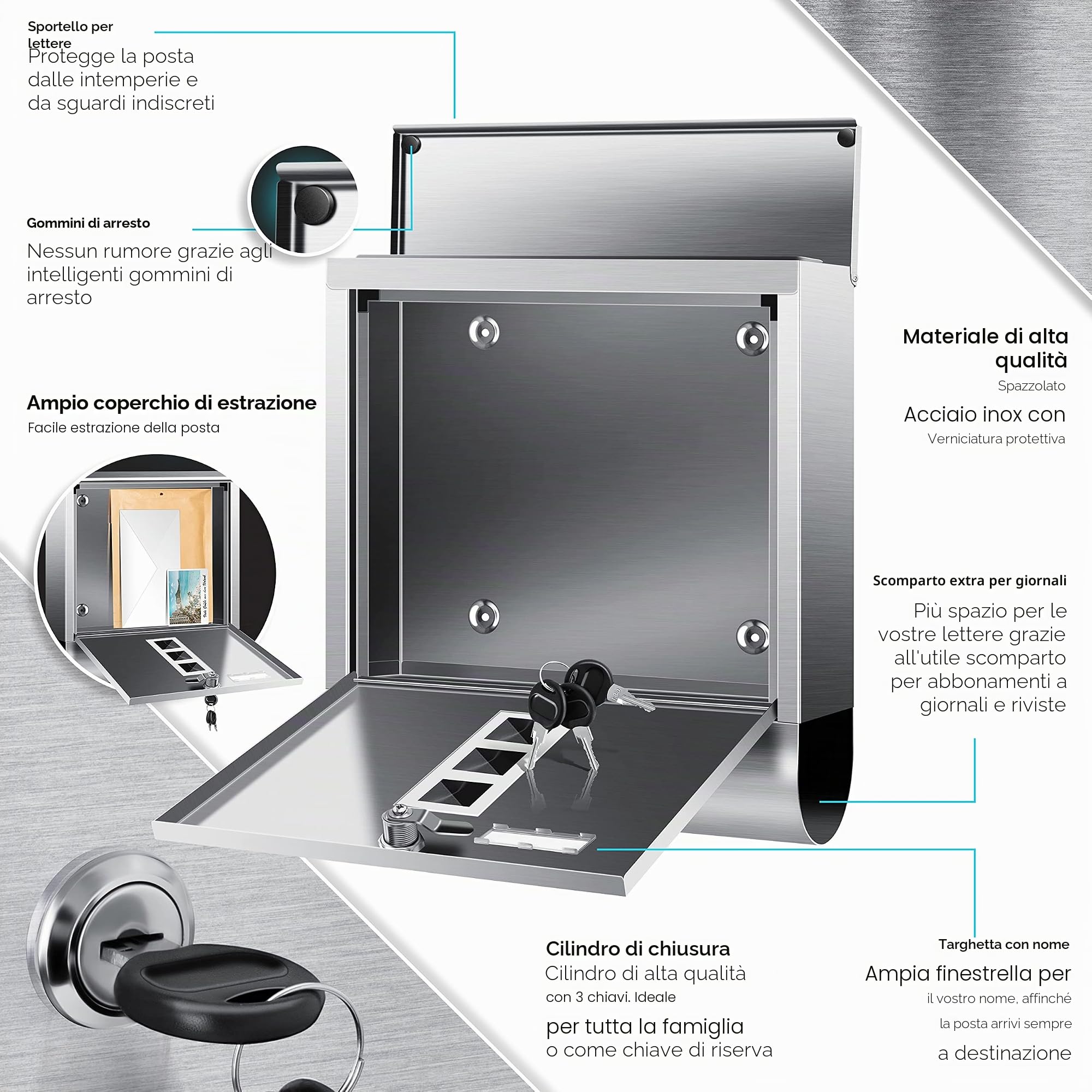 KESSER® Cassetta per le Lettere in Acciaio Inox con scomparto per Giornali, Targhetta, Finestra di visualizzazione, Chiave 3X, Verniciata a polvere, Materiale di Montaggio, Argento