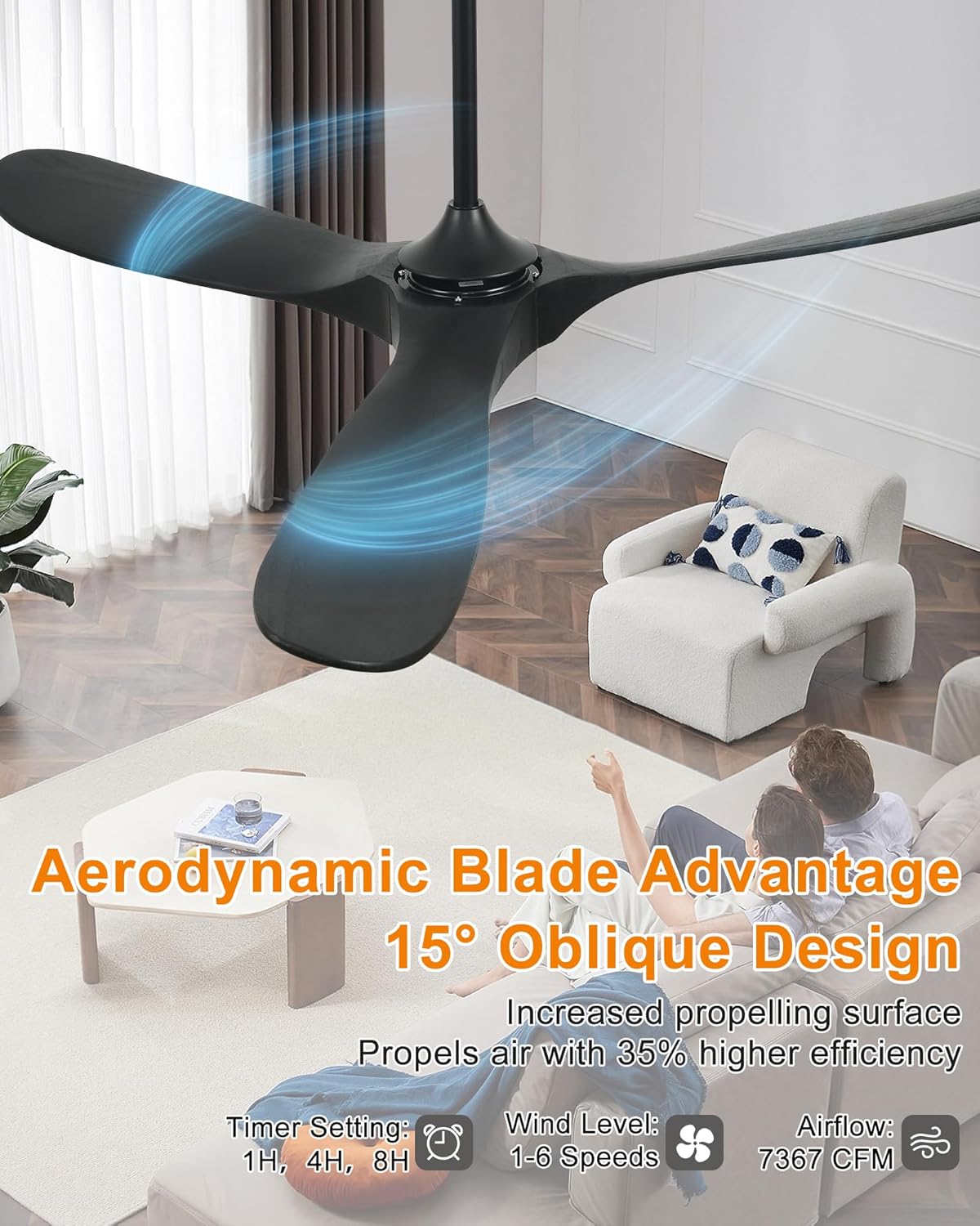 60" Wood Ceiling Fan no Light, Smart Ceiling Fans without Lights with Alexa Google App, Indoor Outdoor Ceiling Fan no Light for Bedroom Porch Modern Propeller 3 Blade High CFM Motor, Black