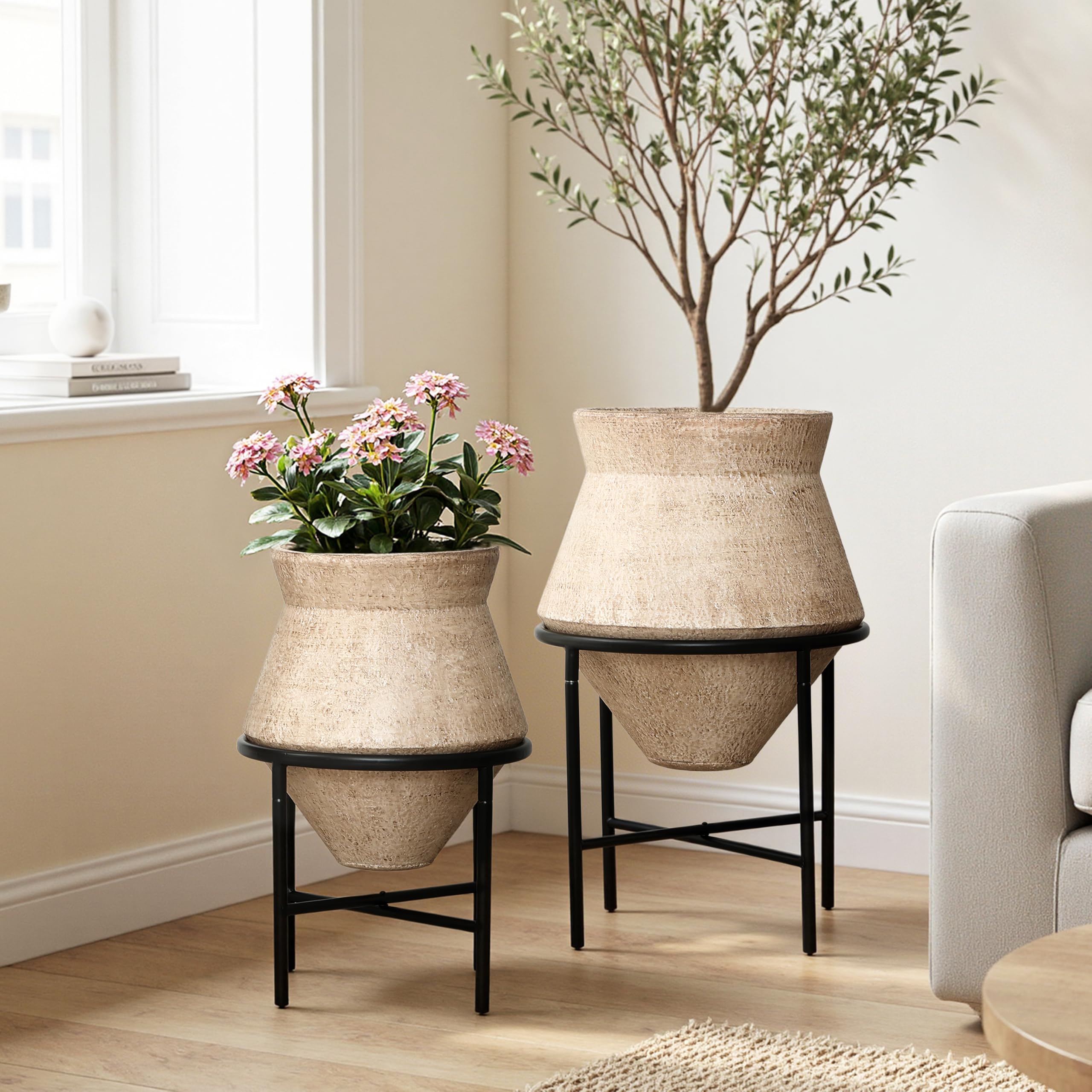 Hometopia 2er Blumentopf Set Frostsicher Formstabil Ø31 & 25 cm ohne Ablaufloch (Hellbraun)