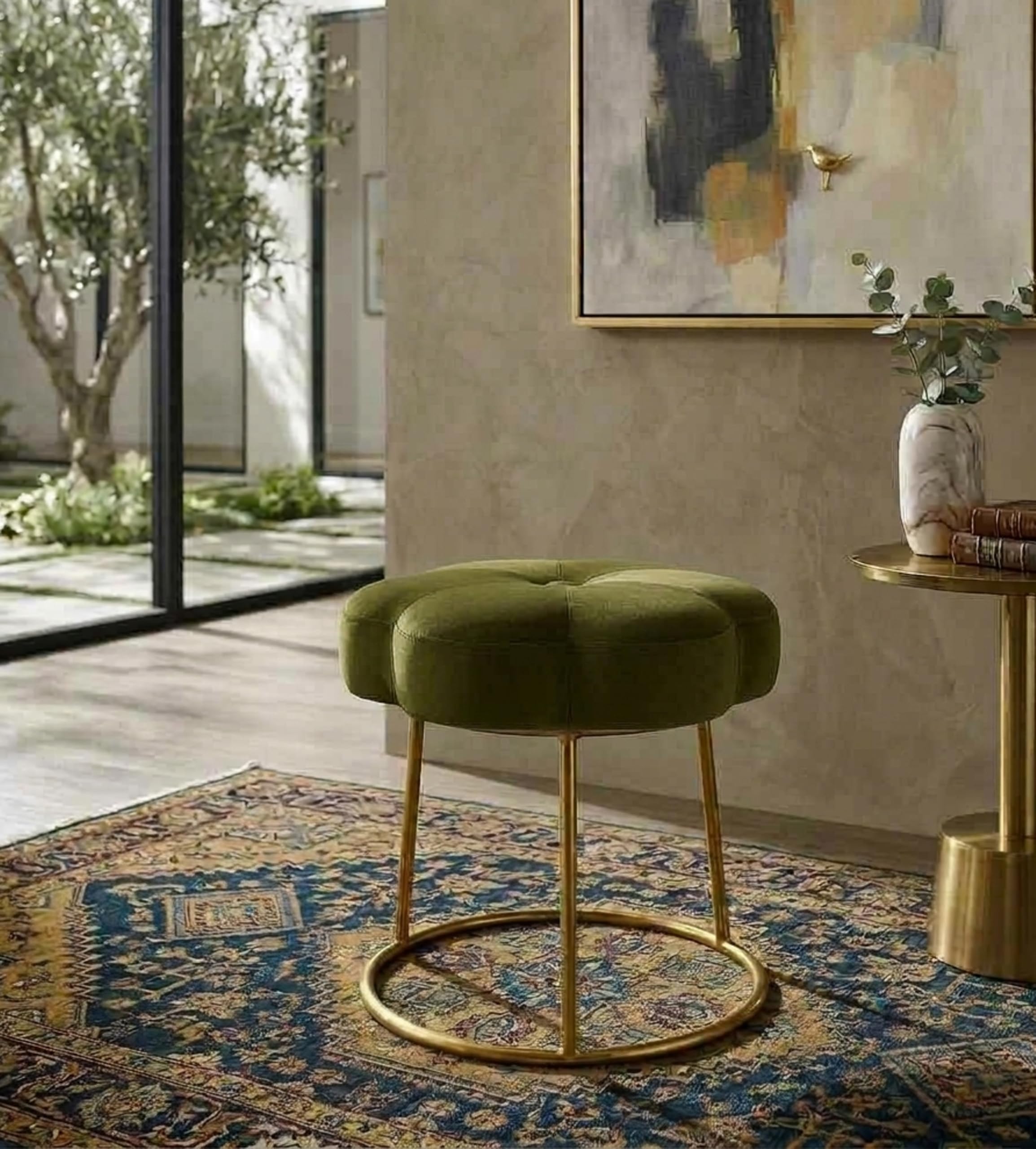 CraftLense Round Makeup Vanity Chair with Metal Legs & Soft Padded Seat, Flower Ottoman Foot Stool for Bedroom, Living Room-Green-picture-25