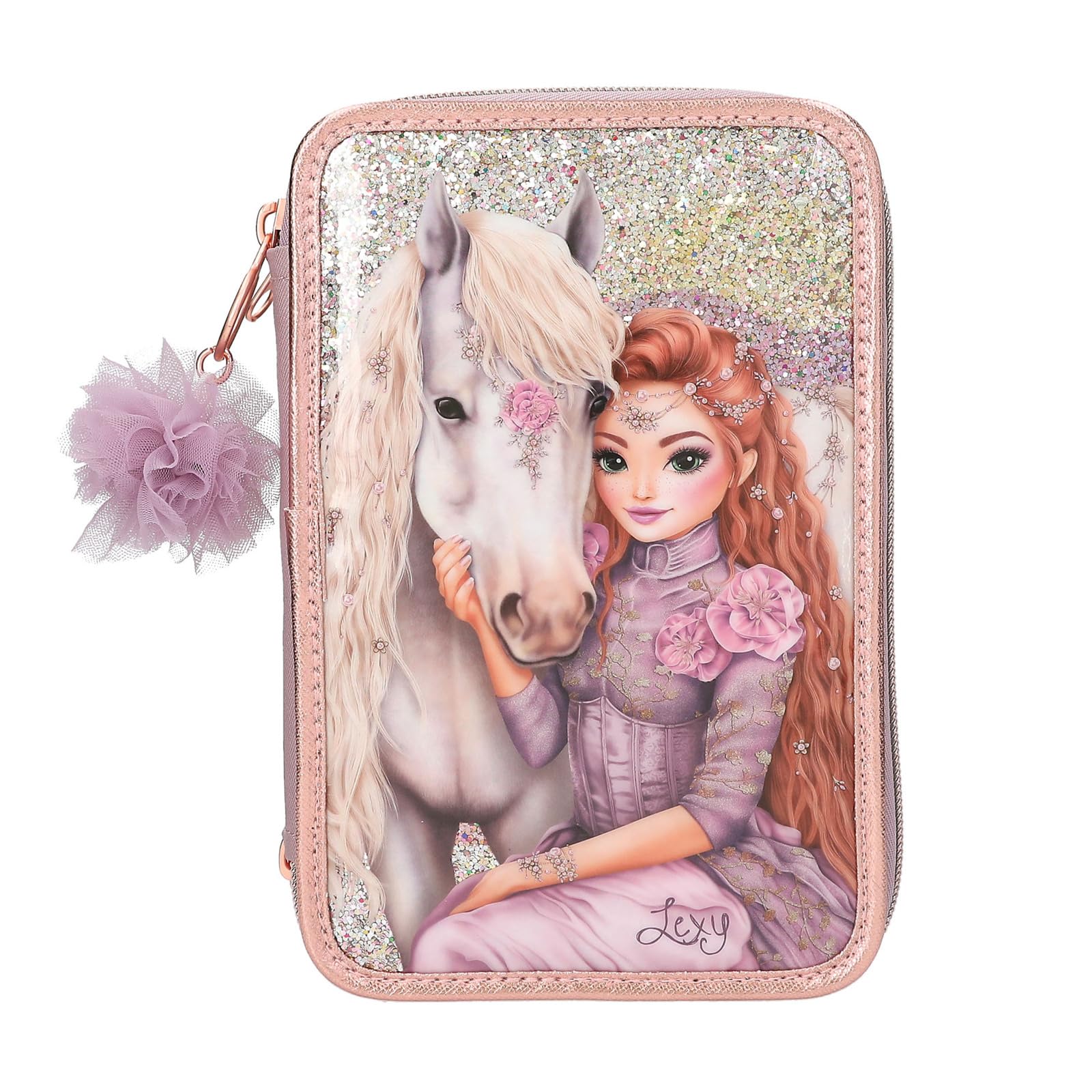 Depesche 13292 TOPModel Viva Violet - Gefüllte 3-Fach Federtasche in Lila, mit Model Motiv, Pferd und Glitzer, Federmappe mit Buntstiften, Lineal, Schere uvm.