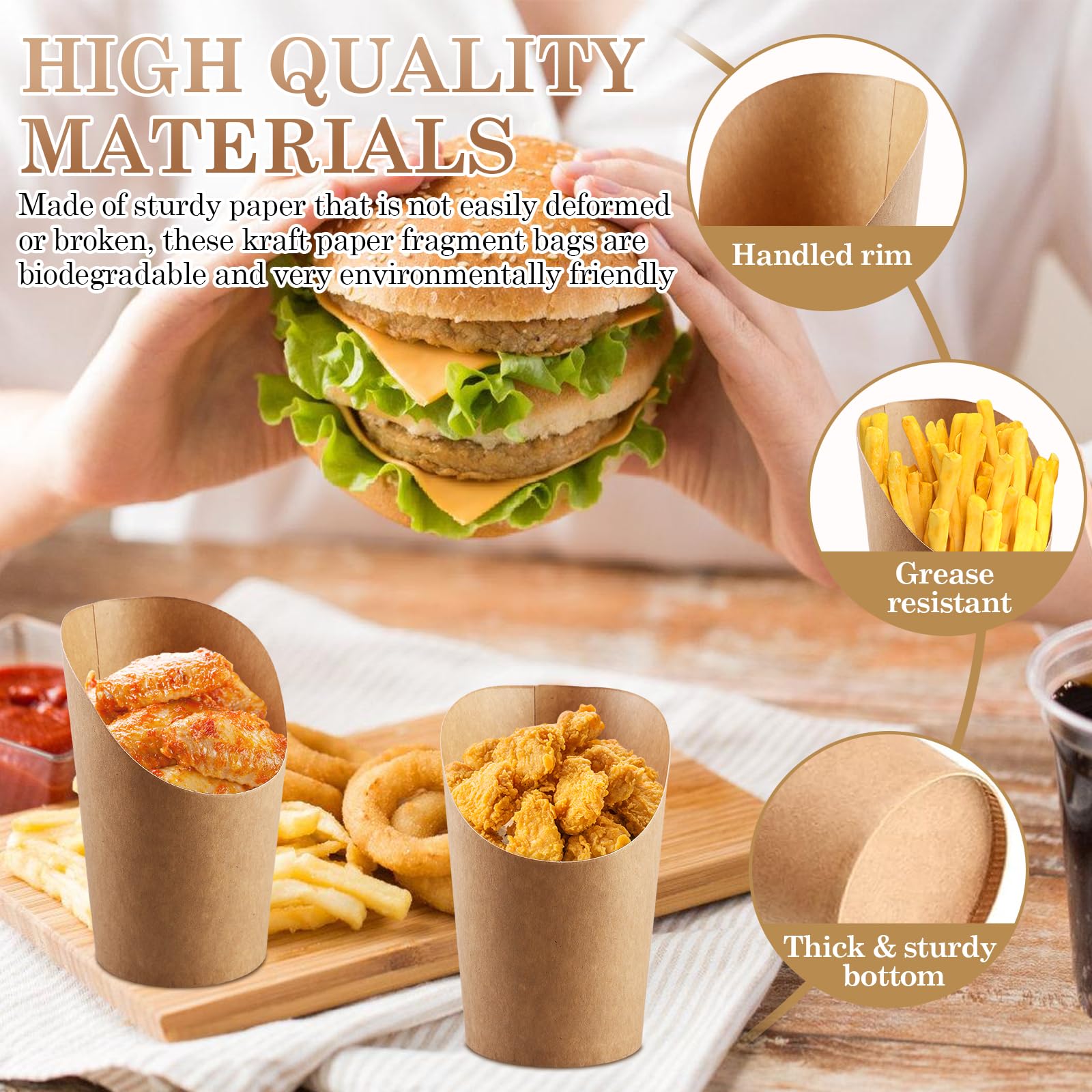 SPORWAY Sacs à frites en papier kraft : 100 pièces de 300 ml Sacs à gaufres à bulles pour frites, sac à frites en papier kraft, boîte à frites avec oblique, étanche et empilable pour frites, gaufres,