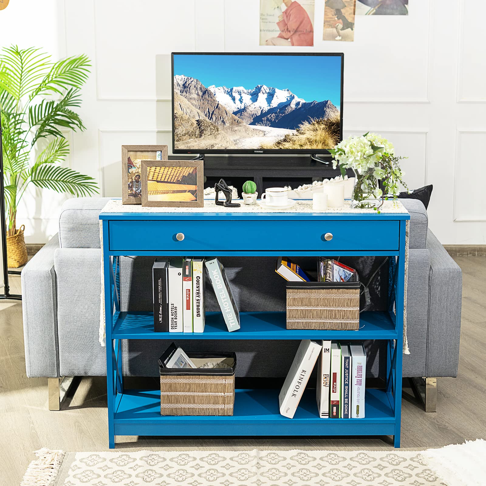 COSTWAY Tavolo Consolle con Cassetto, Tavolo da Ingresso a 3 Ripiani, Tavolino per Divano per Ingresso Soggiorno Camera da Letto, Stile Vintage Industriale (blu)