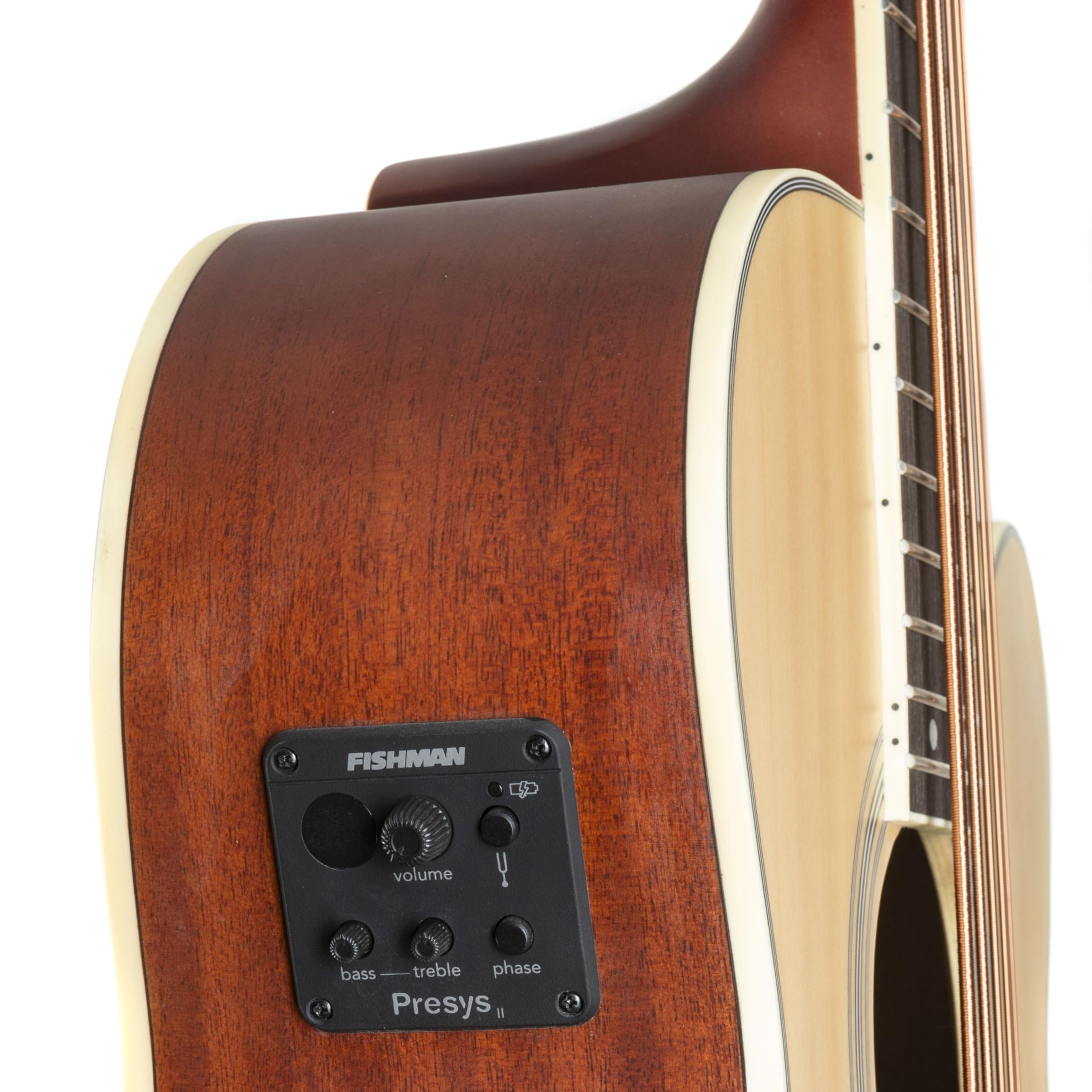 5-Saiter Akustikbass Jumbo Natural, Fichtendecke, Mahagoni-Korpus, Ahornhals, Tonabnehmer, 34" Longscale, Cutaway, Matt-Finish, Integriertes Stimmgerät