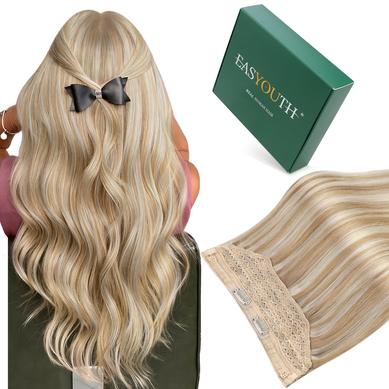 Easyouth Wire Hair Extensions Real Human Hair Blonde Highlight Invisible Wire Hair Extensions Honey Blonde Highlight Smooth Texture Hair Extension
