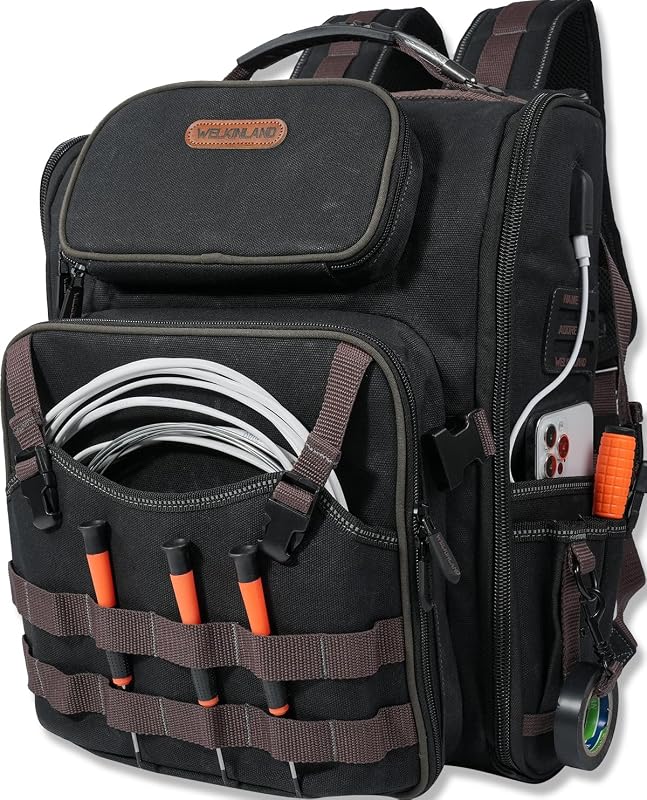 WELKINLAND 46-Pockets Electrician Backpack, Waxed-Canvas Backpack Toolbag | Canvas Tool Backpack Heavy Duty, HVAC/ Electrician Tool Backpack, Mechanics Backpack Tool Bag, Back Pack Tool Bag For Men