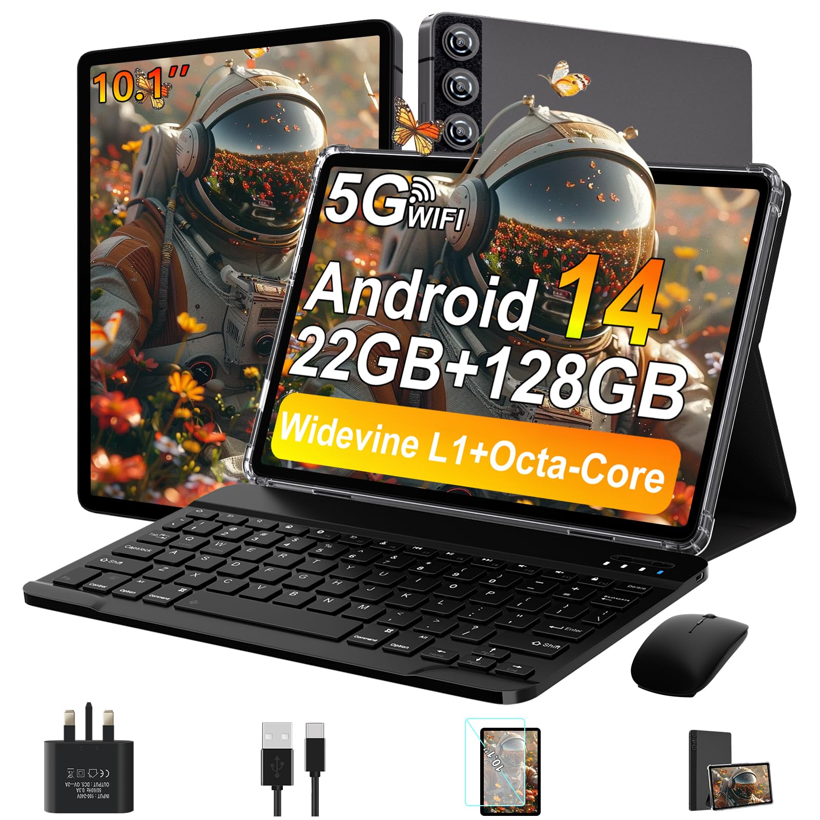 Sponsored Ad – 2025 Newest Tablet Android 14 Tablet 10 Inch, 22GB RAM+128GB ROM(TF 1TB), 5G WiFi,Octa-Core,2.0GHz/8000mAh/ Support Widevine L1/8+5MP/BT 5.0/Widgets/2 in 1 Tablets with Keyboard & Mouse - Grey