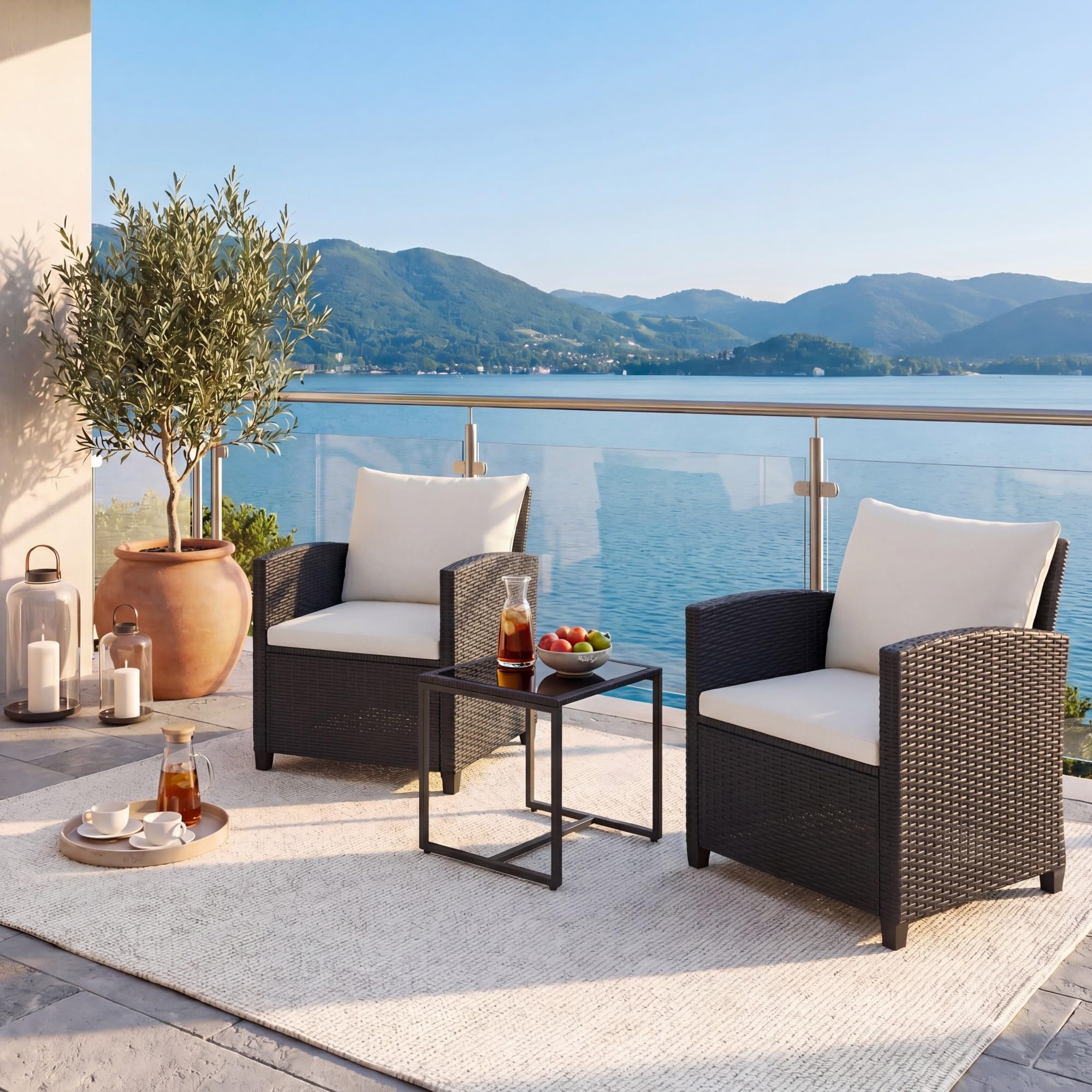 LIFEZEAL - Juego de salón de jardín para 2 personas, muebles de exterior de ratán PE con 2 sillones, cojines y mesa auxiliar de cristal templado, 3 piezas para balcón, terraza (negro+beige)