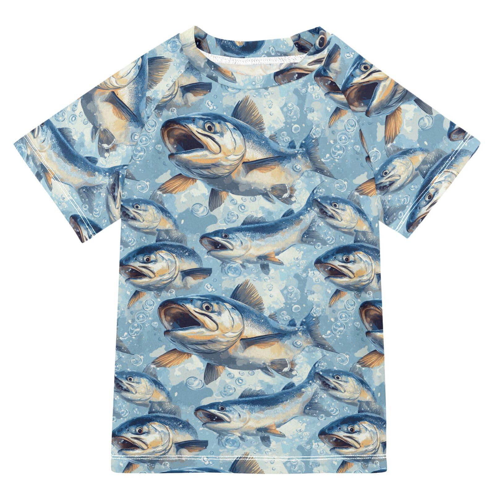 Short Sleeve Little Girls Bathing Suitt Swimsuits for Kid Girls Rash Guard Girls 7-8T Beauty Salmon Chinook Fishes