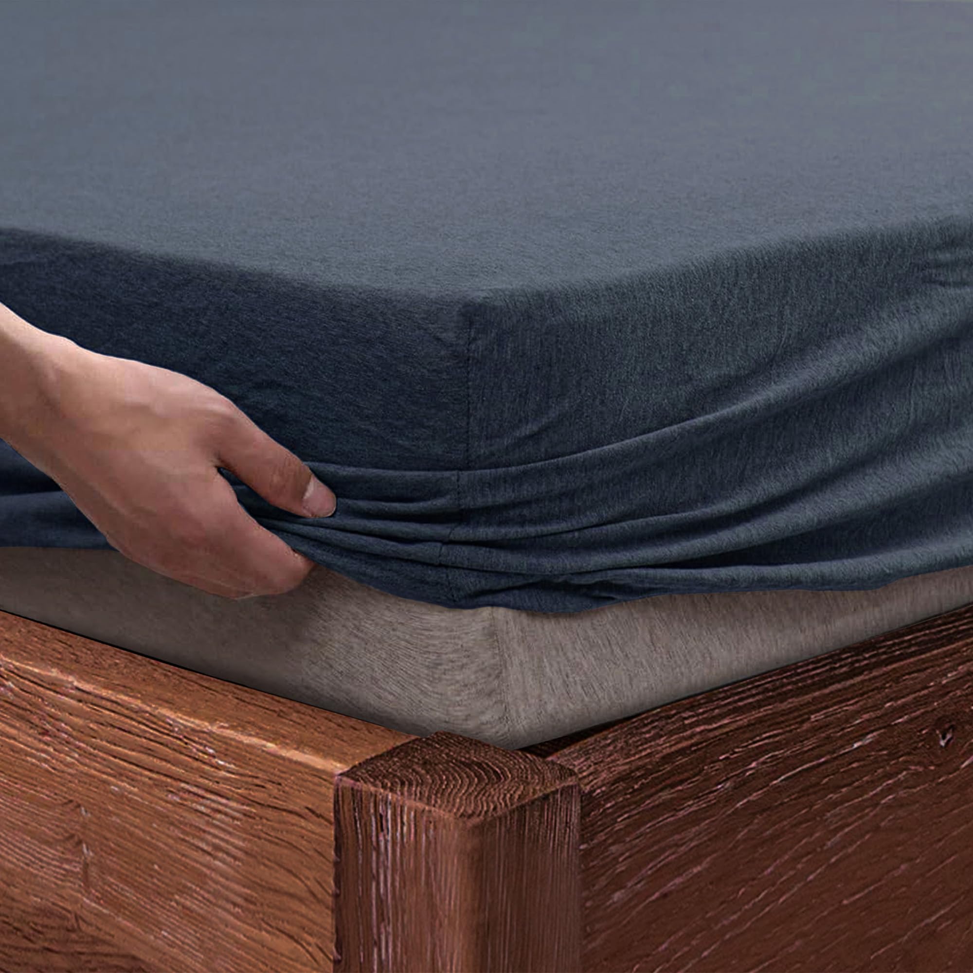 SleepyCat Jersey Fitted Sheet with 2 Complimentary Standard Pillow Cases | Knitted Jersey Fabric | Wrinkle and Iron Free Fitted Sheet Solid Set, Midnight Blue (Queen Size, 78x60), 140 TC-image-8