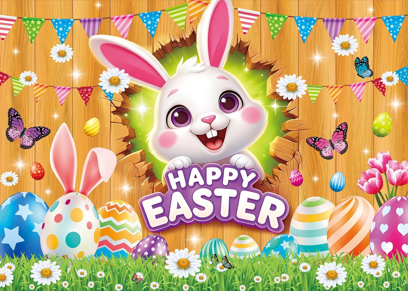 Happy Easter Backdrop Spring Easter Bunny Rabbit Colorful Eggs Floral Green Grass Wooden Banner Background Kids Birthday Party Yard Decoration Photo Booth Props Event Supplies 7x5FT
