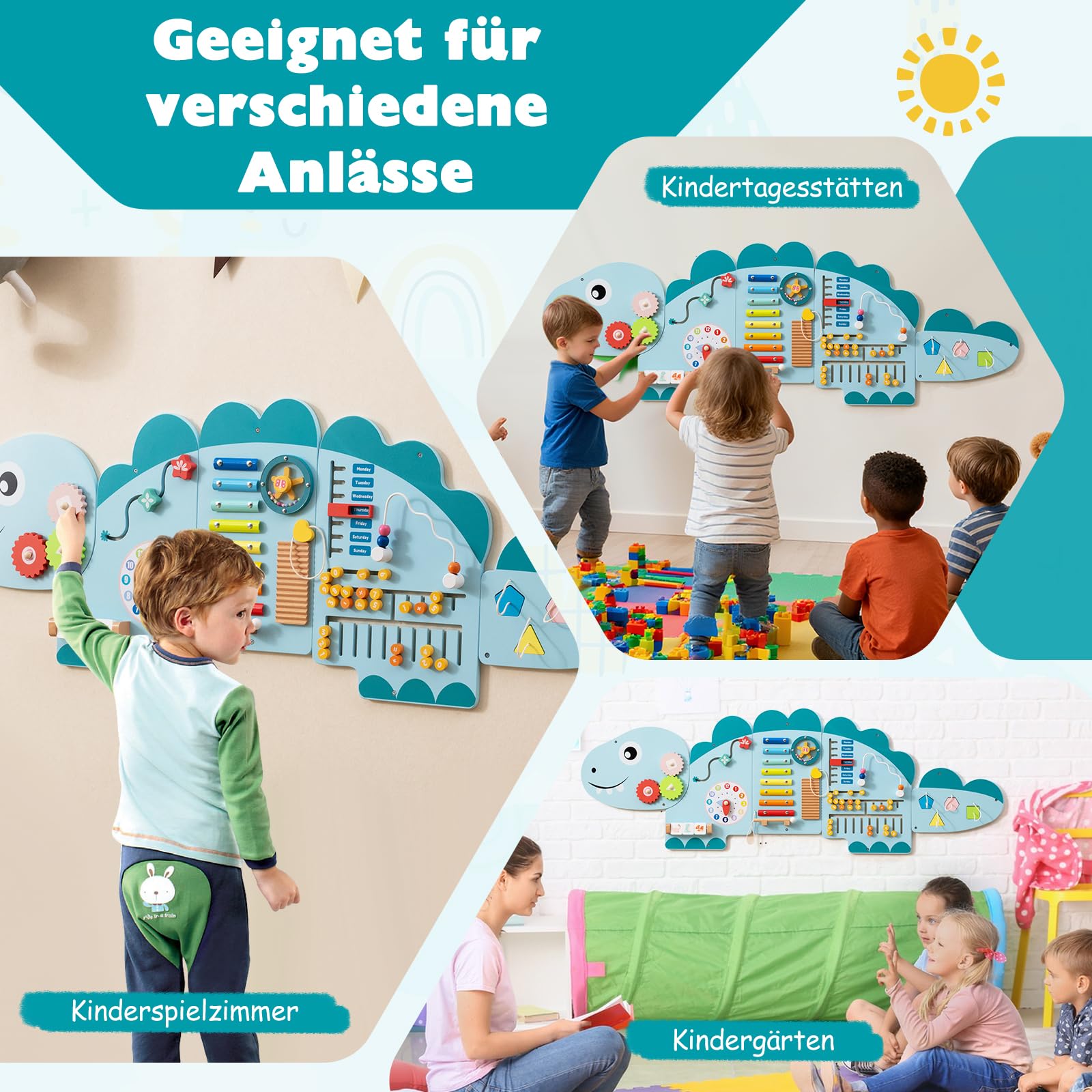 DREAMADE Montessori Busy Board, Motorikbrett aus Holz mit Blöcken & Xylophon & Zahnrädern & Uhr, Montessori Wandboard Motorikspielzeug für Kinder ab 3 Jahren (Dinosaurier-Blau)