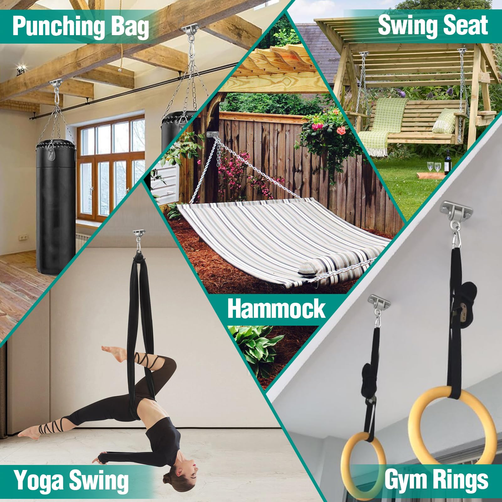 BETOOLL Ganci per Altalena con Cuscinetti, Kit Pesante per Altalena da Veranda per Appendere per Parco Giochi all'aperto, Albero, Montaggio a Soffitto per Interni, Staffe, Ganci per Amaca da Yoga